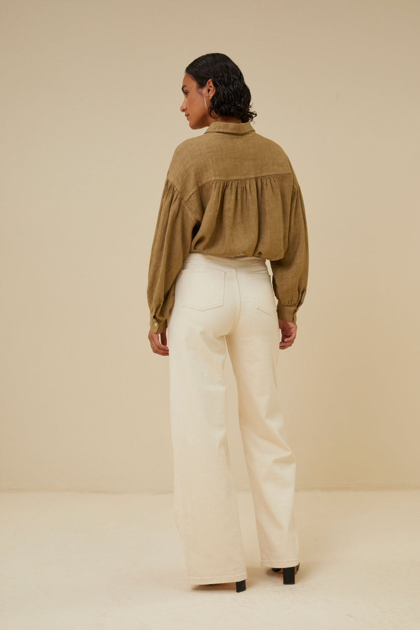 sarah short linen blouse | khaki