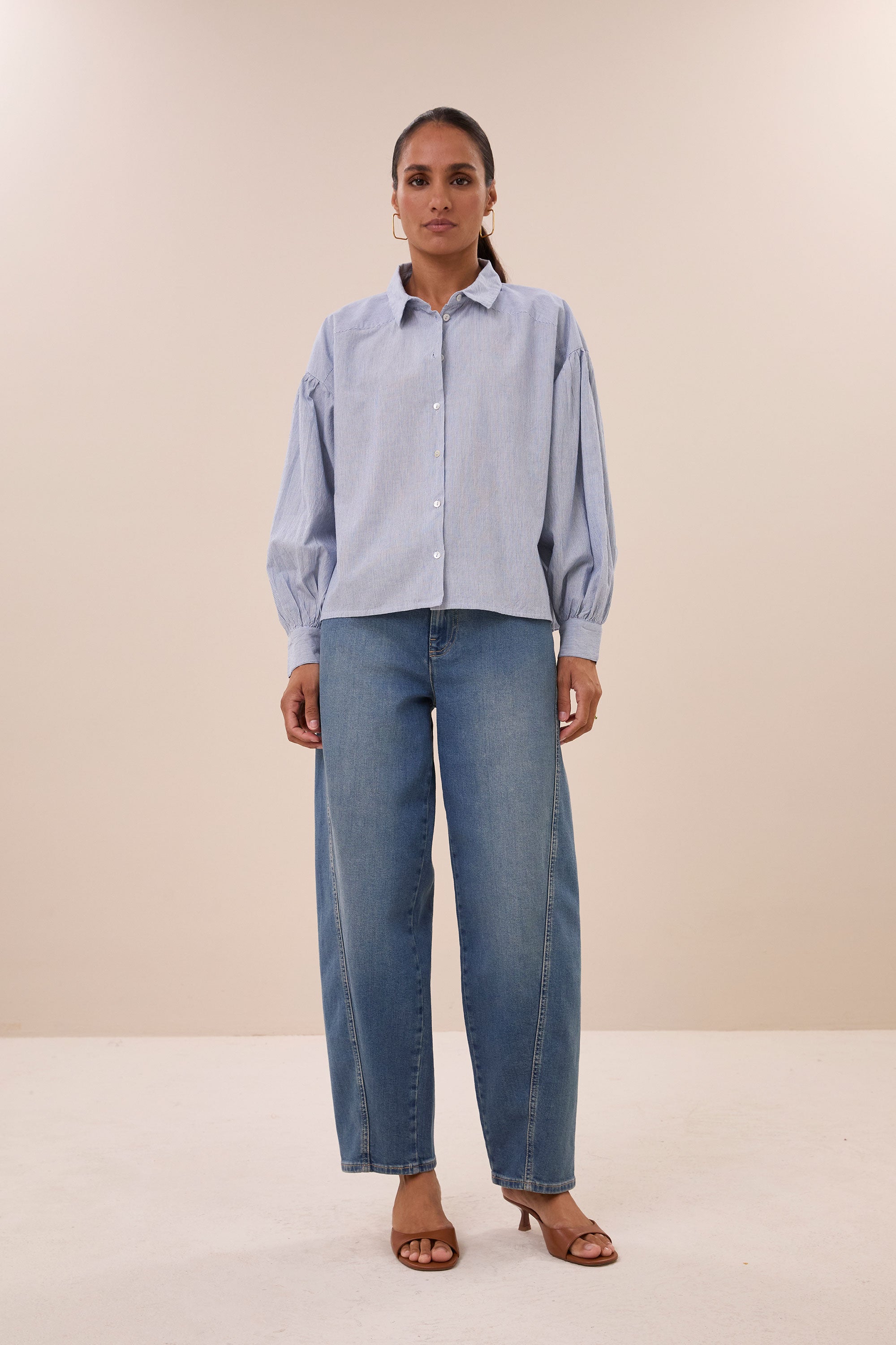 sarah short pin stripe blouse | indi grey