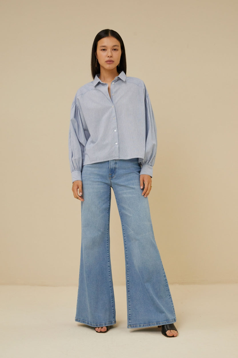 sarah short pin stripe blouse | indi grey lifestyle image