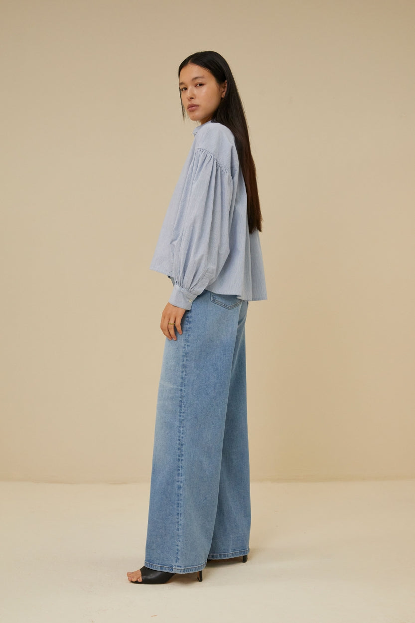 sarah short pin stripe blouse | indi grey