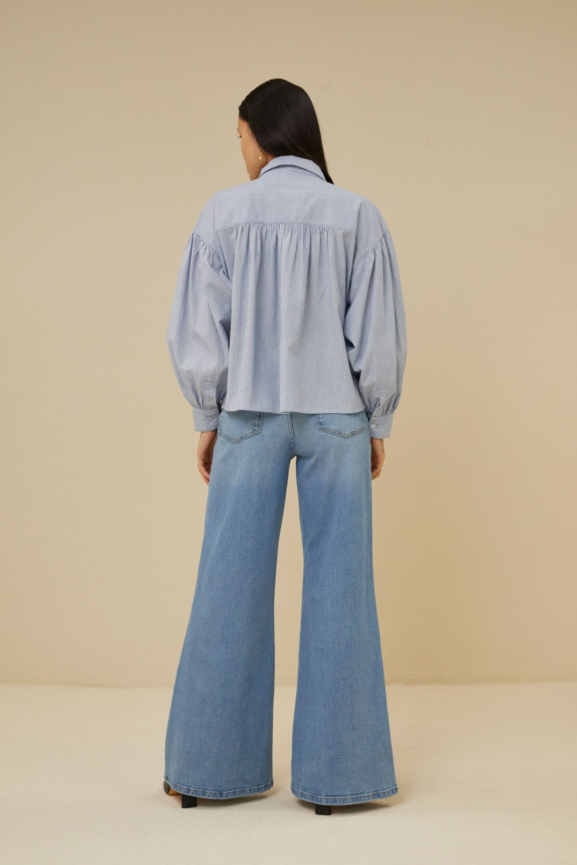 sarah short pin stripe blouse | indi grey