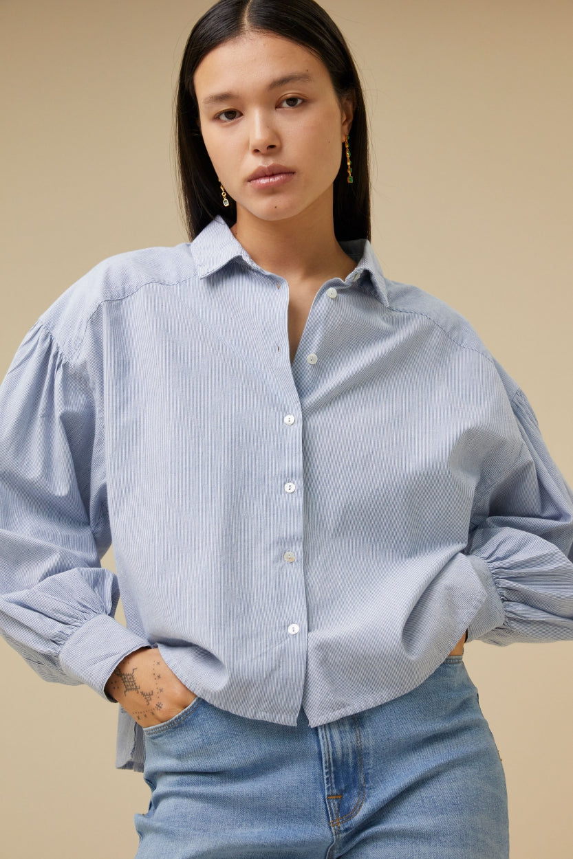 sarah short pin stripe blouse | indi grey