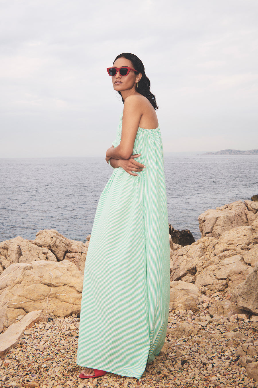 stella dress green pin stripe lifestyle image