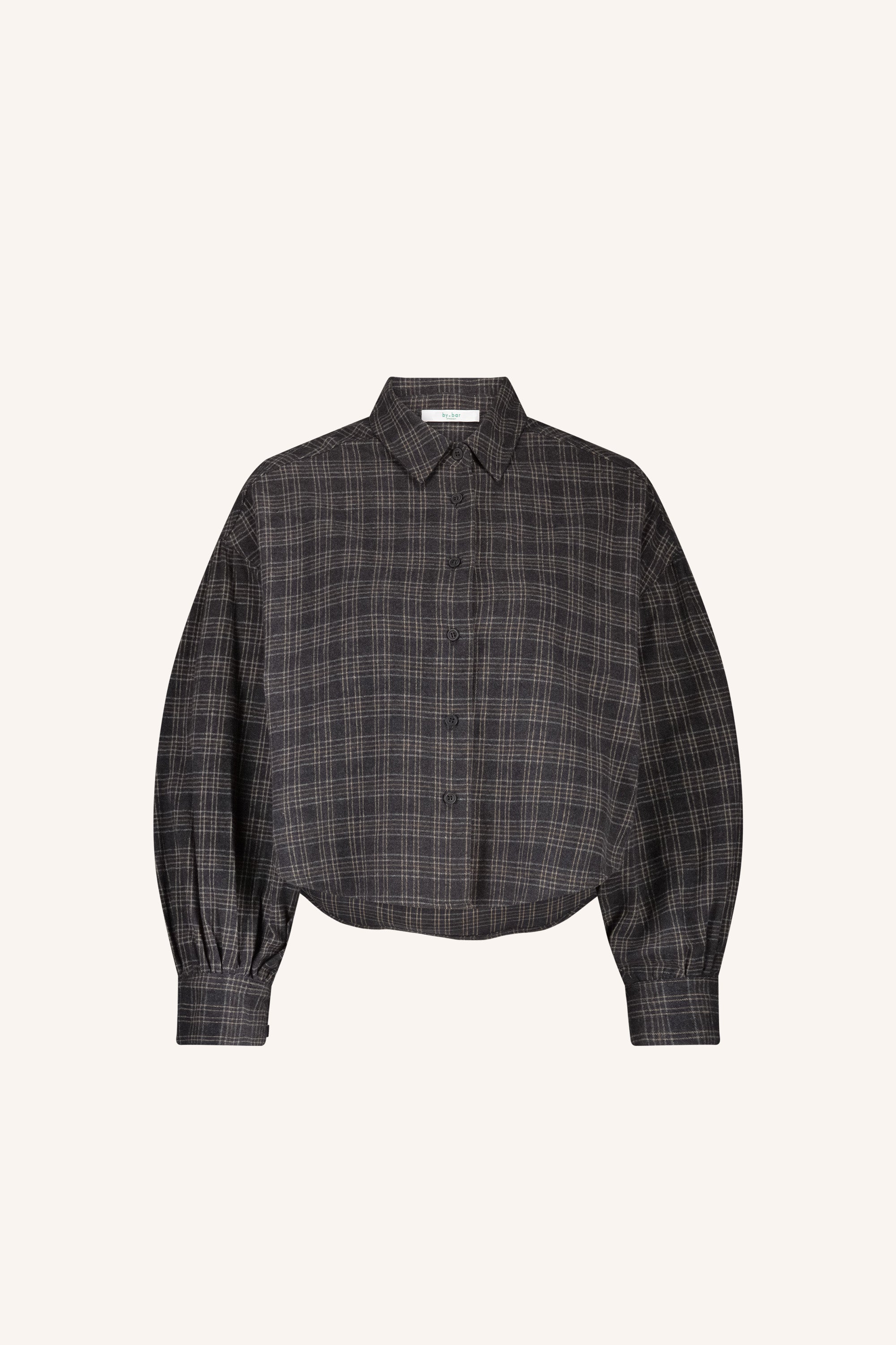 sarah short check blouse - caramel, korte fit, knoopsluiting, verlaagde schoudernaden - by-bar - productfoto