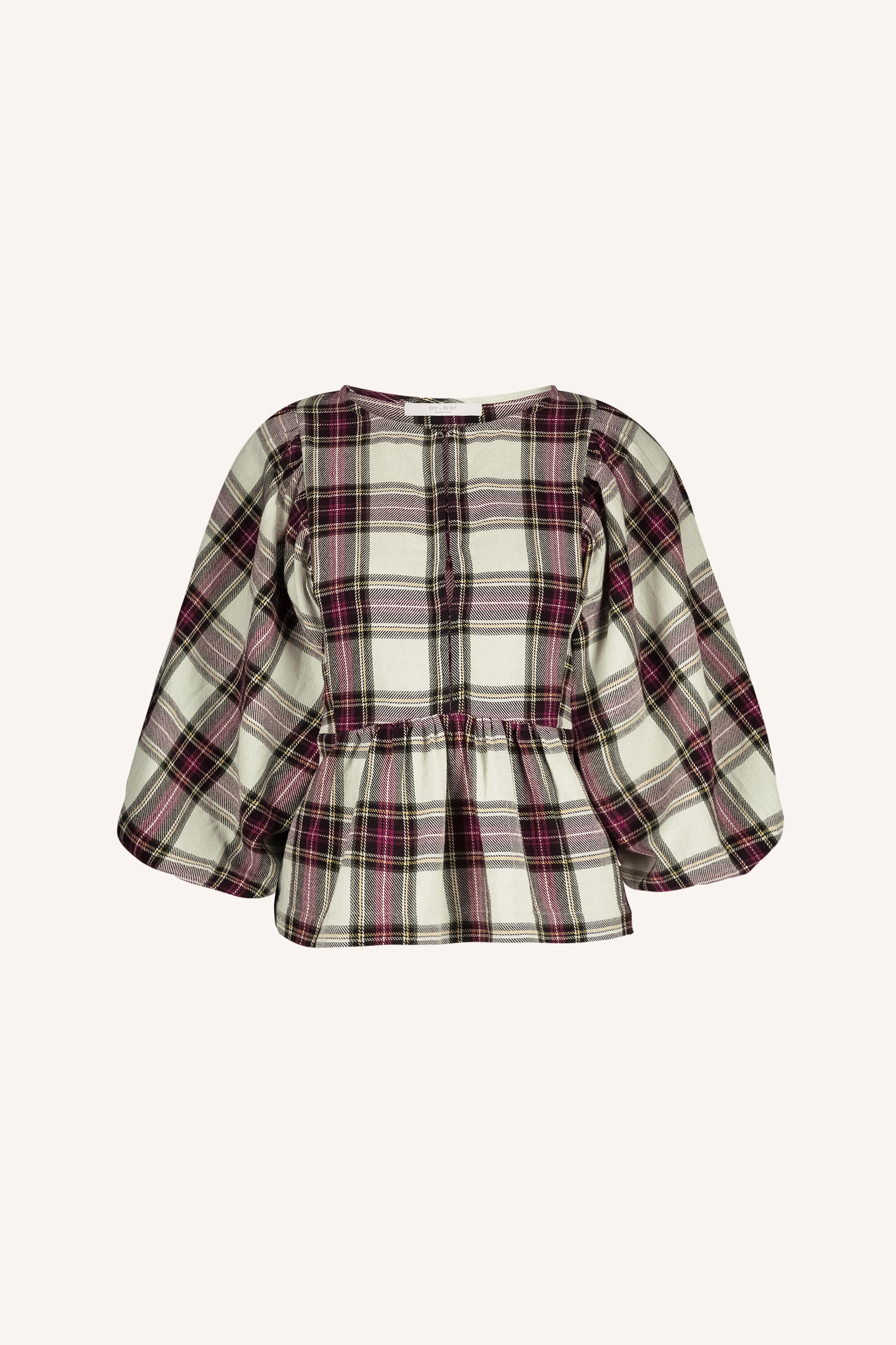 avelon check blouse - tartan check, volumnieuze mouwen, elastieken band, verborgen haak-en-oogsluiting - by-bar - extra