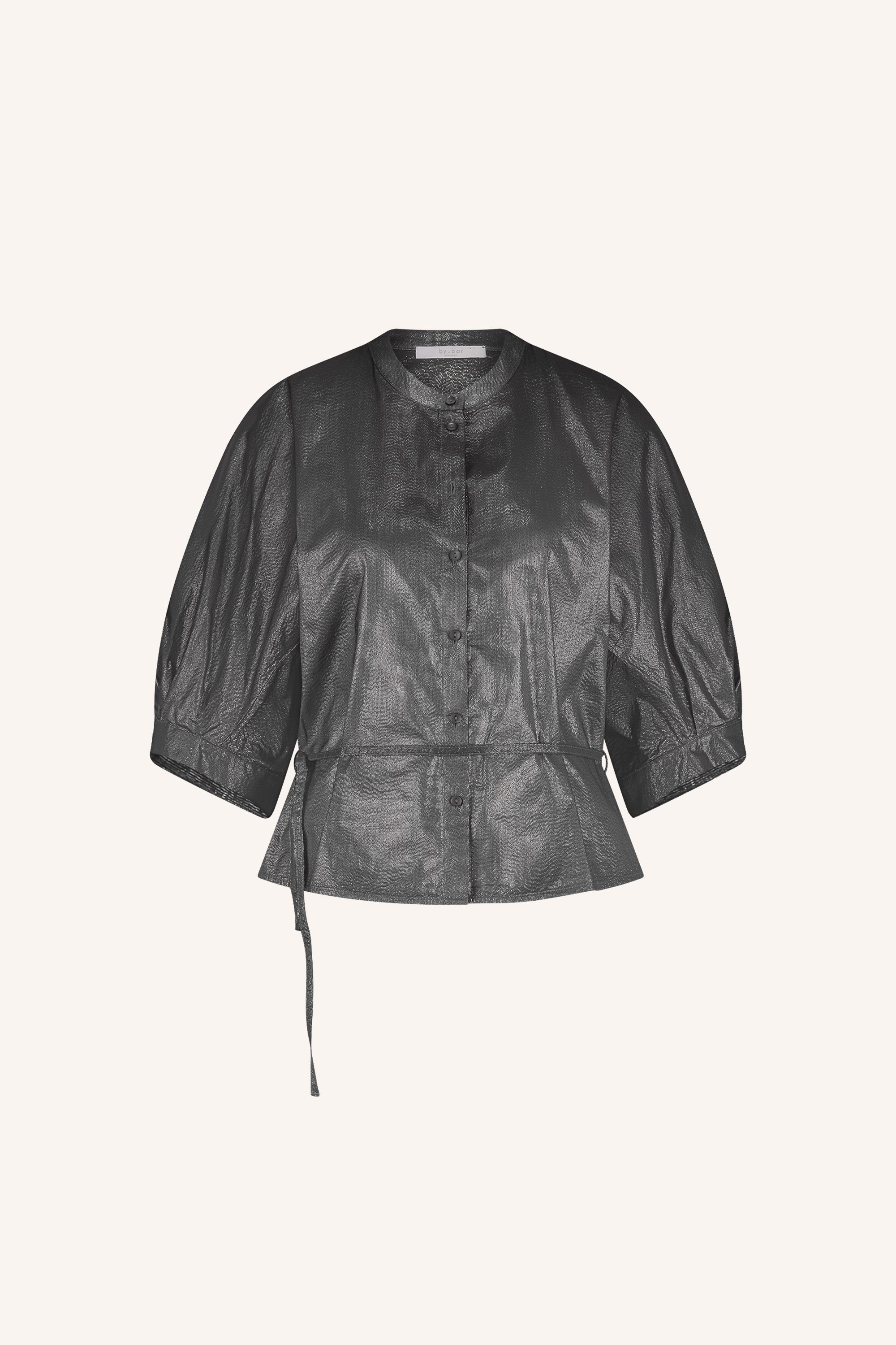 christi silver blouse - silver, met strikceintuur, korte fit, volumnieuze mouwen - by-bar - achteraanzicht