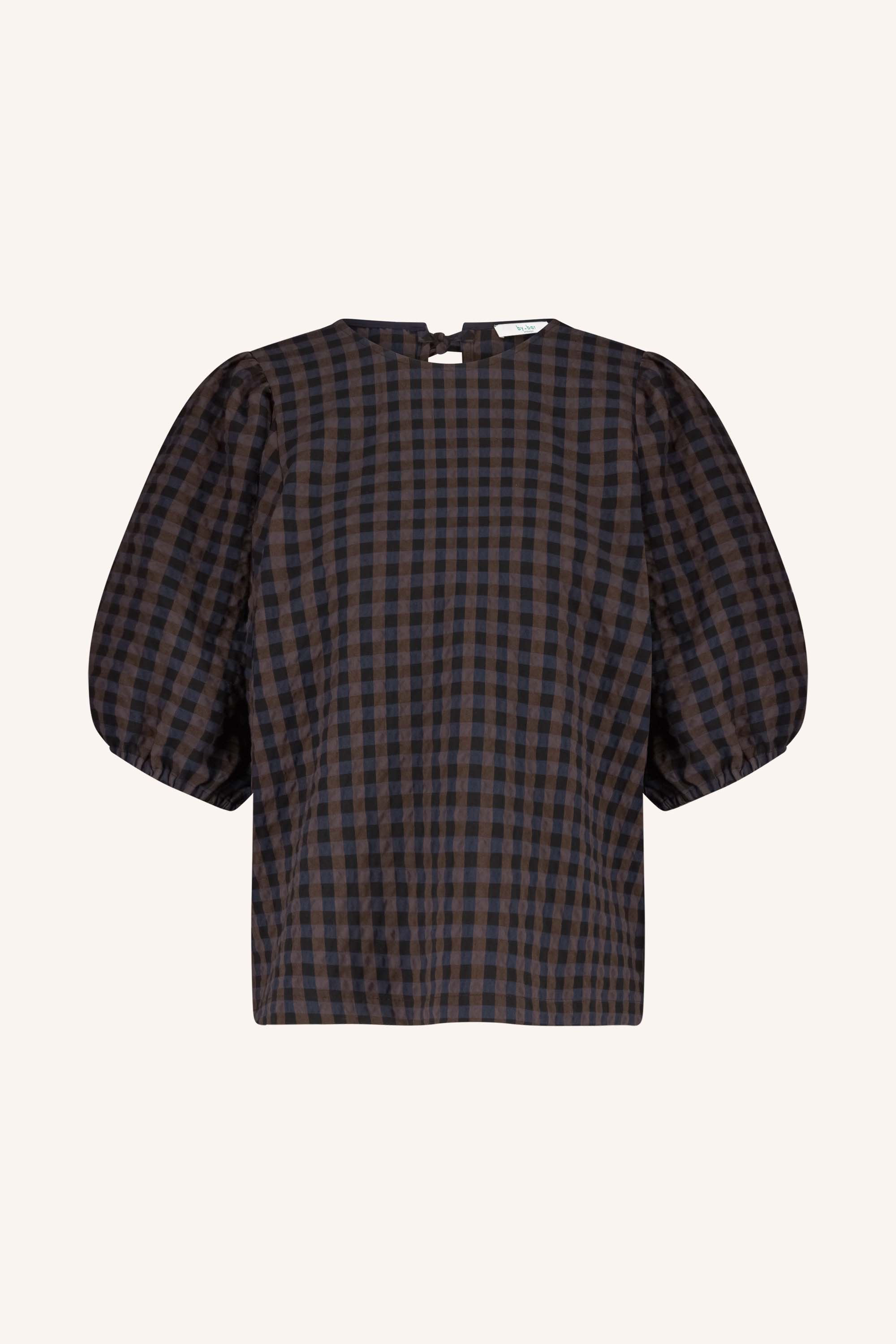 jet check blouse - little check, volumnieuze mouwen, strik, ronde halslijn - by-bar - detailfoto