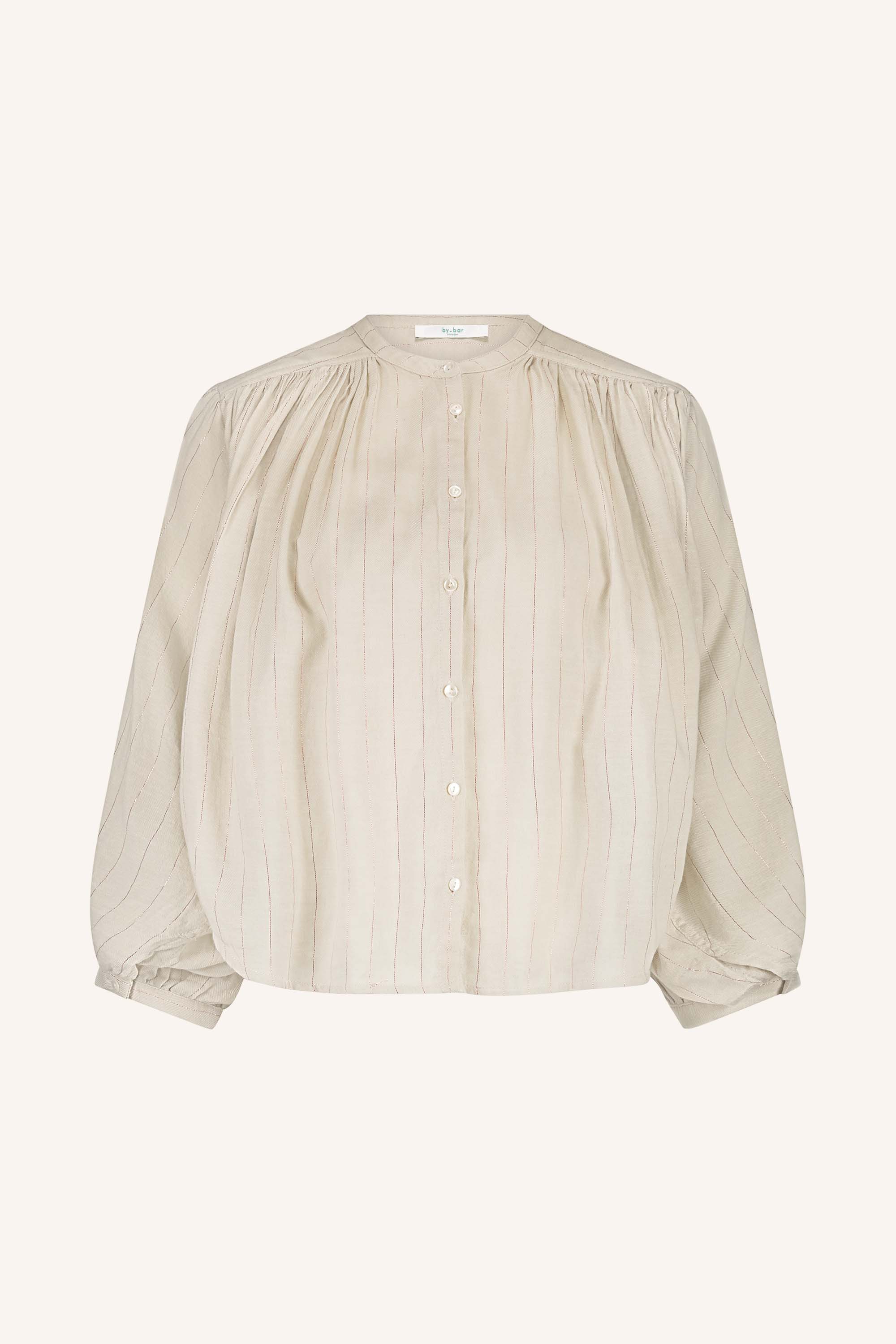 becky lurex blouse - rose lurex stripe, knoopsluiting mouw, subtiel geweven lurex draad, geplooide details - by-bar - detailfoto
