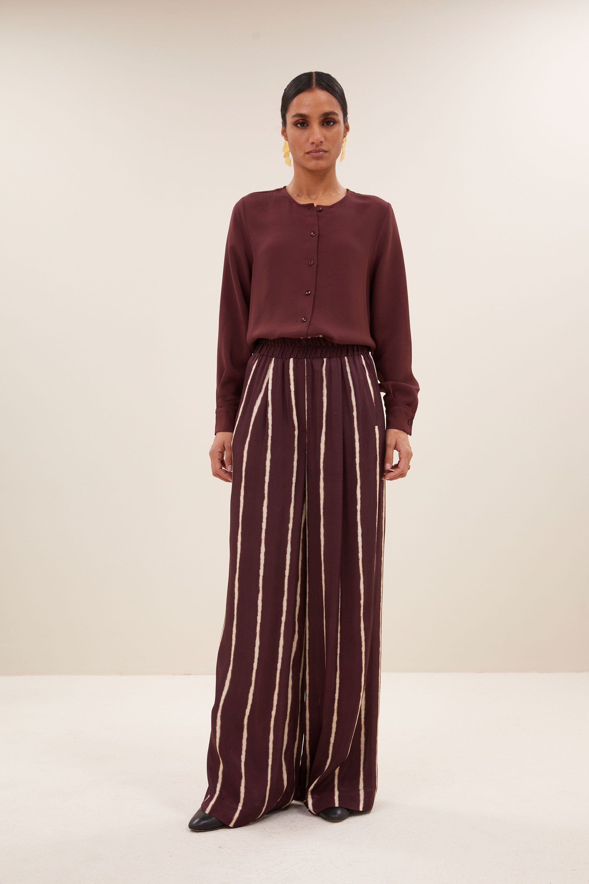 noi satin stripe blouse | pecan