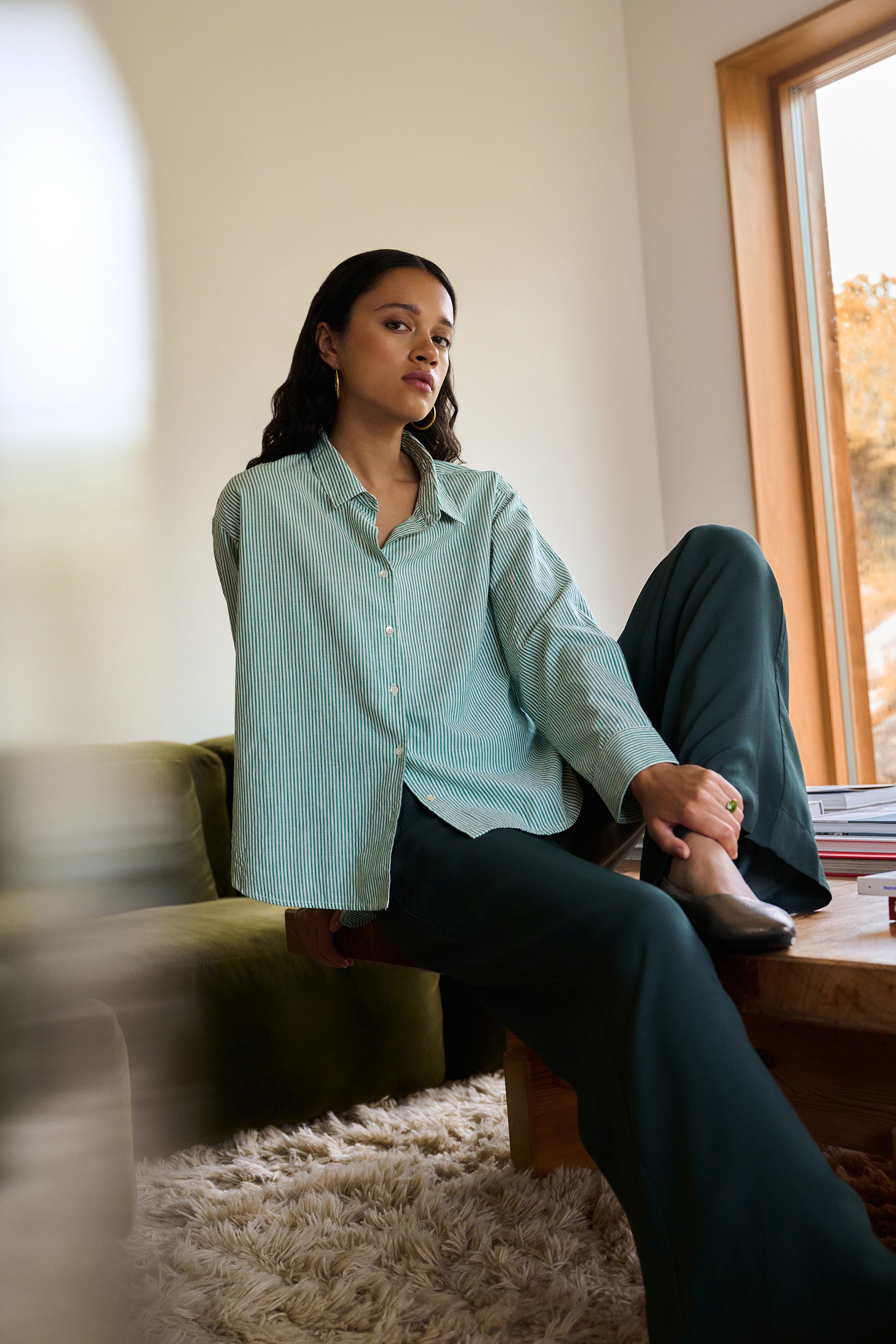 flo stripe blouse | forest pinstripe