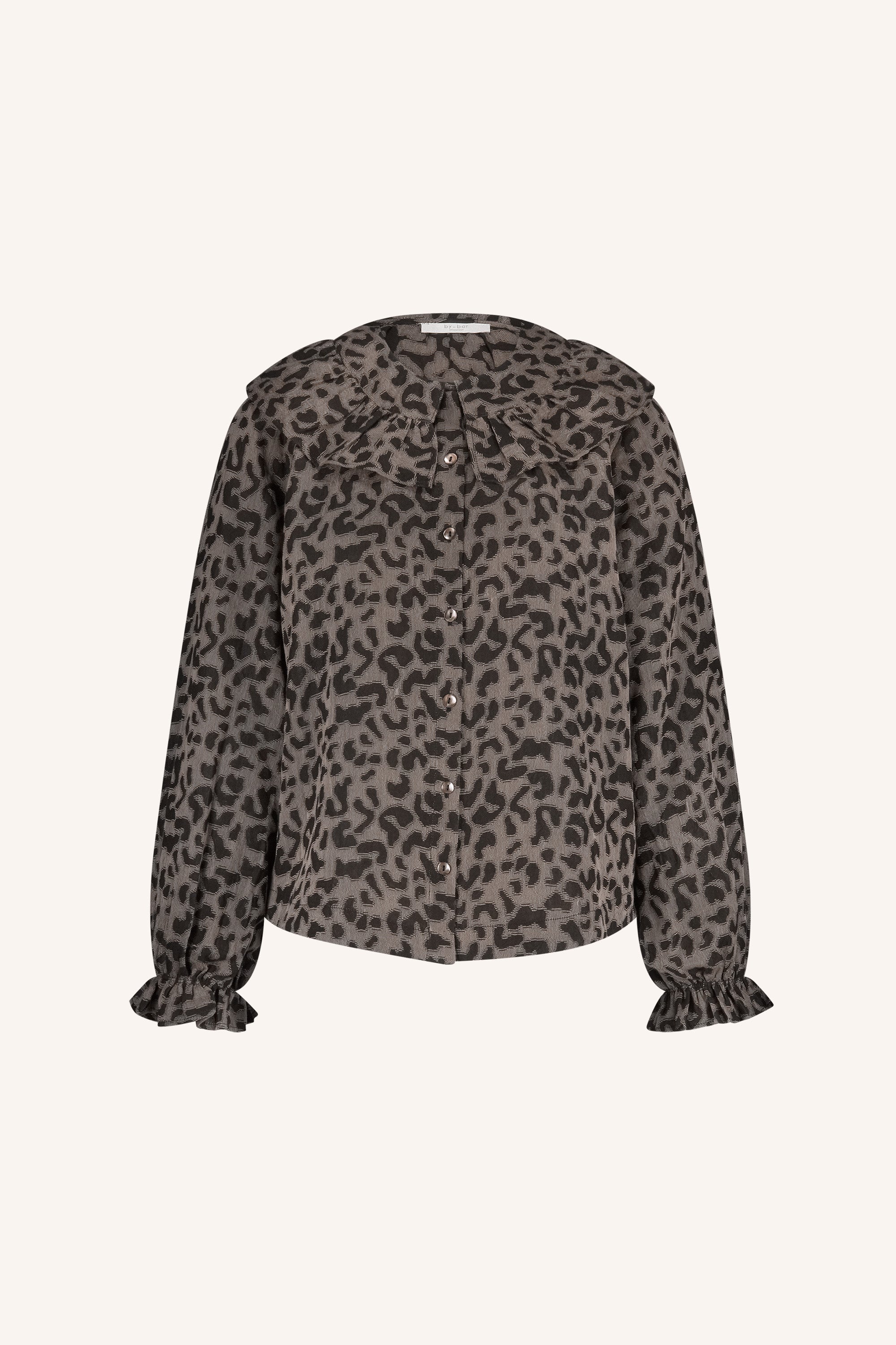 gia leo blouse - brown leo, volumnieuze mouwen, elastieken band, ruches - by-bar - loop shot