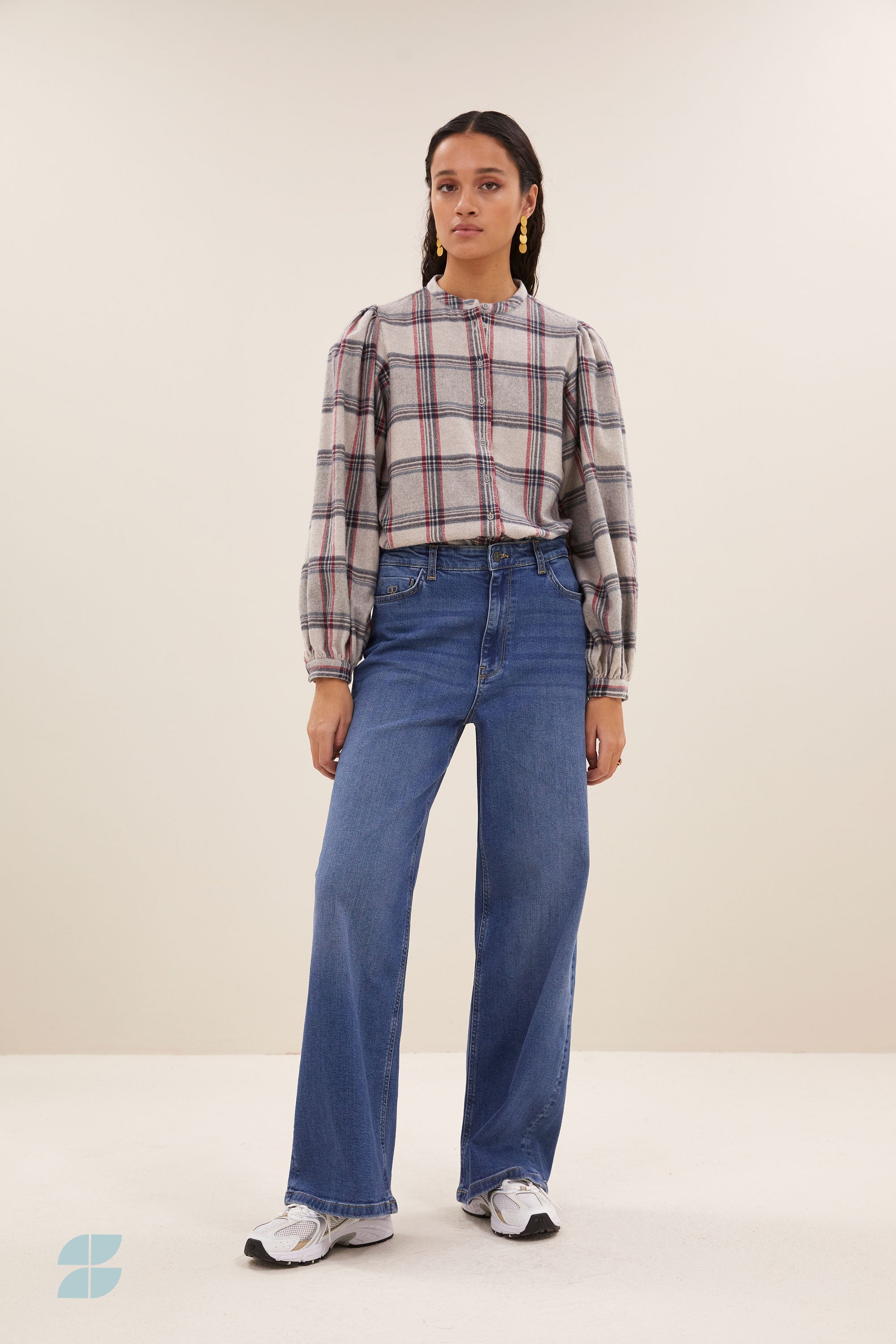 day check blouse - stone check, volumnieuze mouwen - by-bar - vooraanzicht