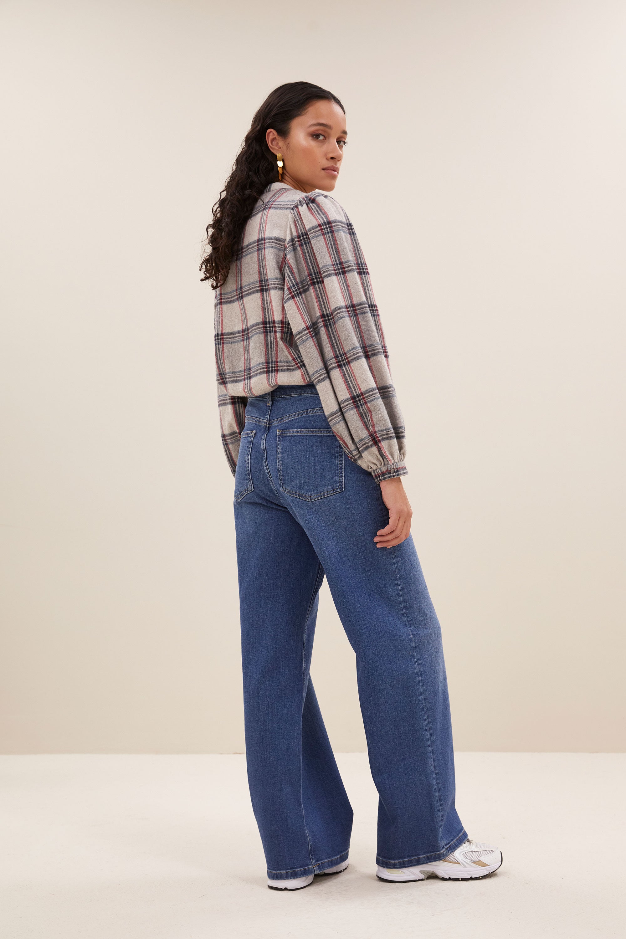 day check blouse - stone check, volumnieuze mouwen - by-bar - achteraanzicht