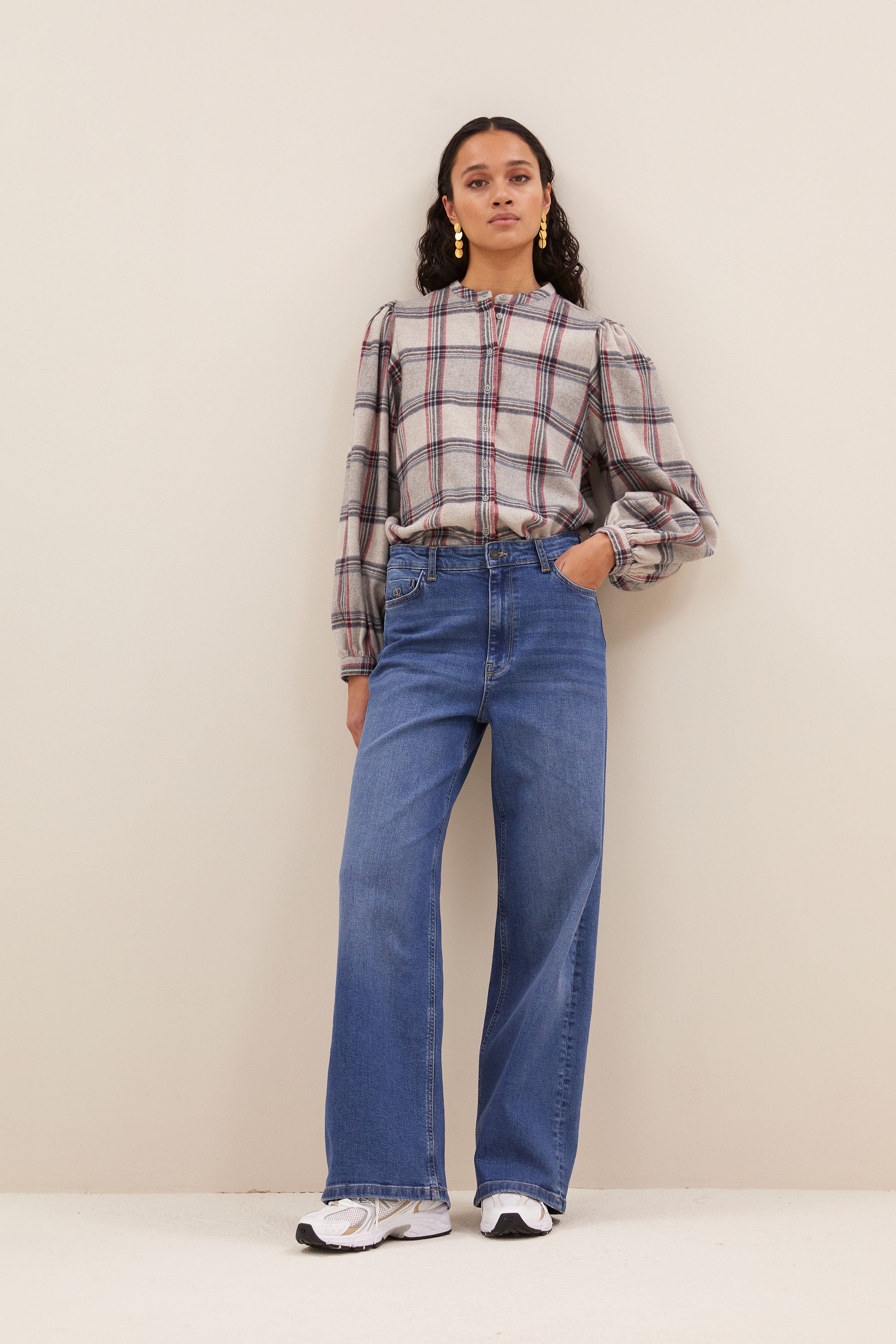 day check blouse - stone check, volumnieuze mouwen - by-bar - extra