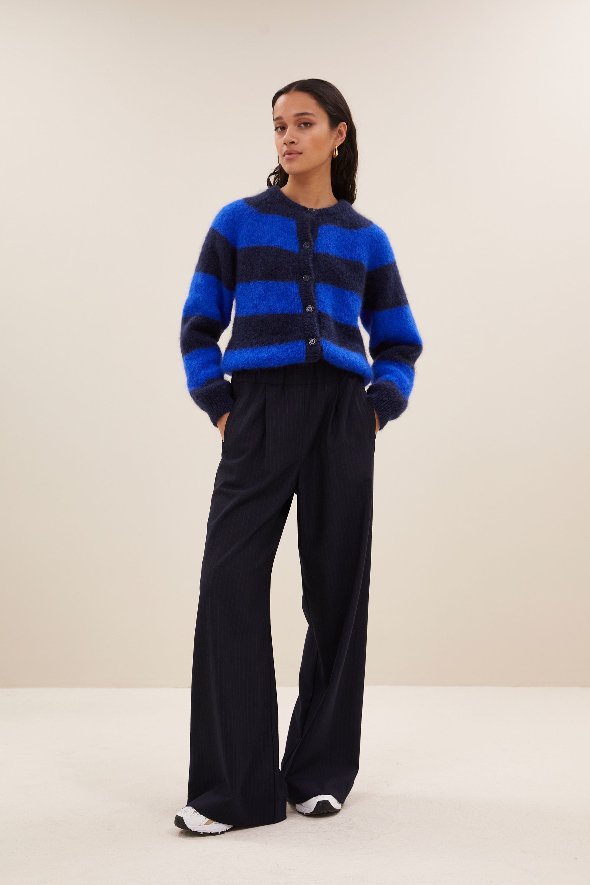 sian stripe cardigan - kingsblue stripe, casual fit, mix van mohair, must-have essential - by-bar - vooraanzicht