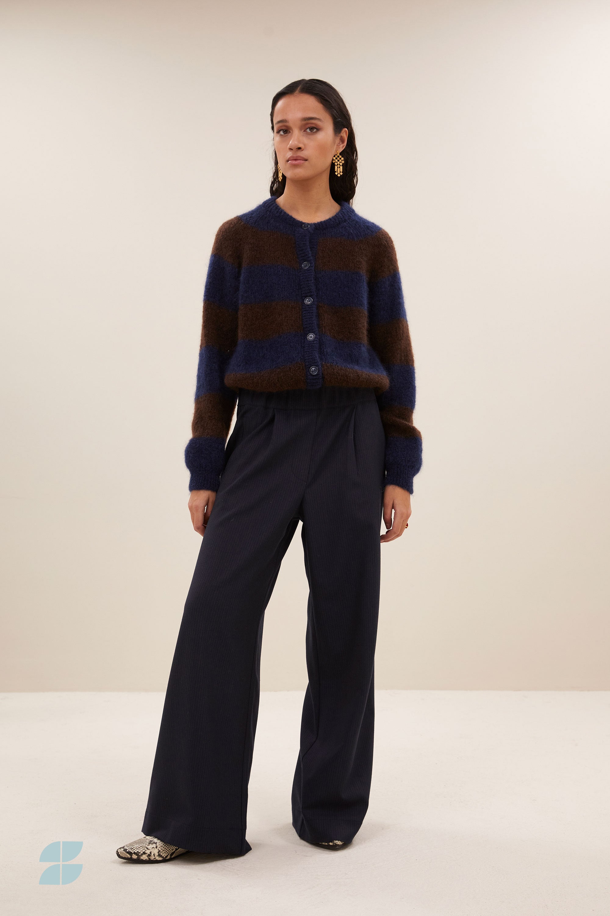 sian stripe cardigan - dark brown stripe, casual fit, mix van mohair, must-have essential - by-bar - sfeerbeeld