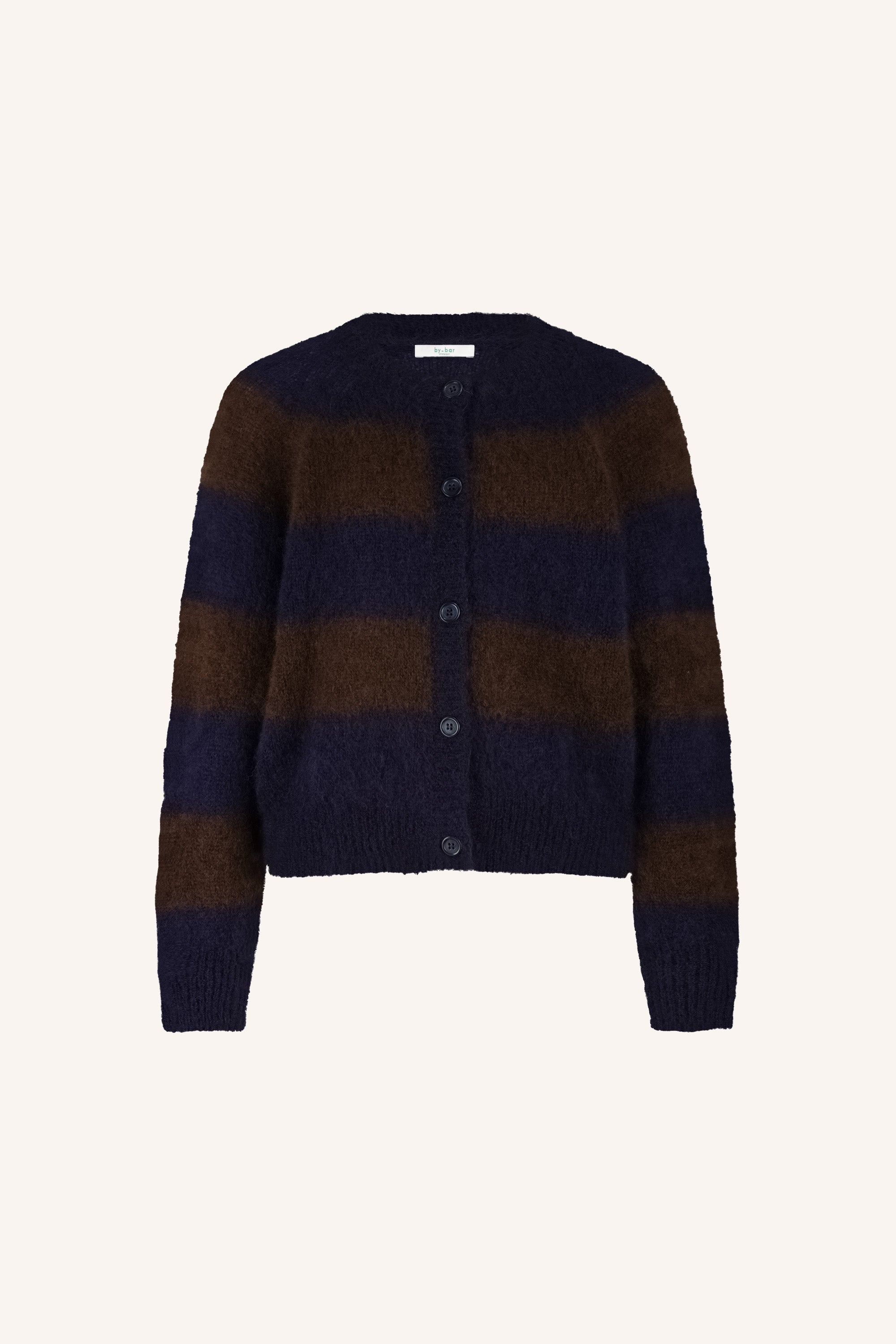 sian stripe cardigan - dark brown stripe, casual fit, mix van mohair, must-have essential - by-bar - achteraanzicht