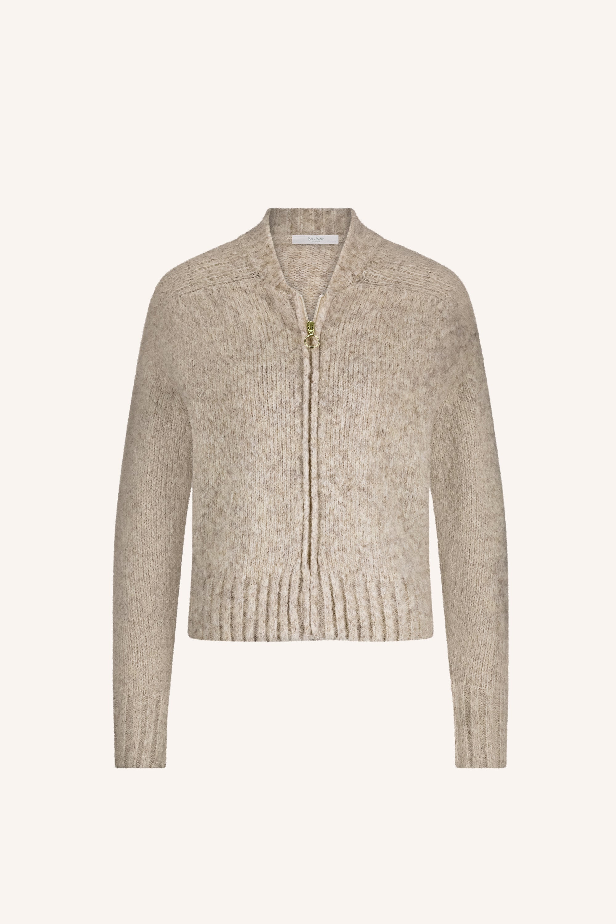 jonas zipp cardigan - stone melee, korte fit, all-time classic, ritssluiting - by-bar - productfoto