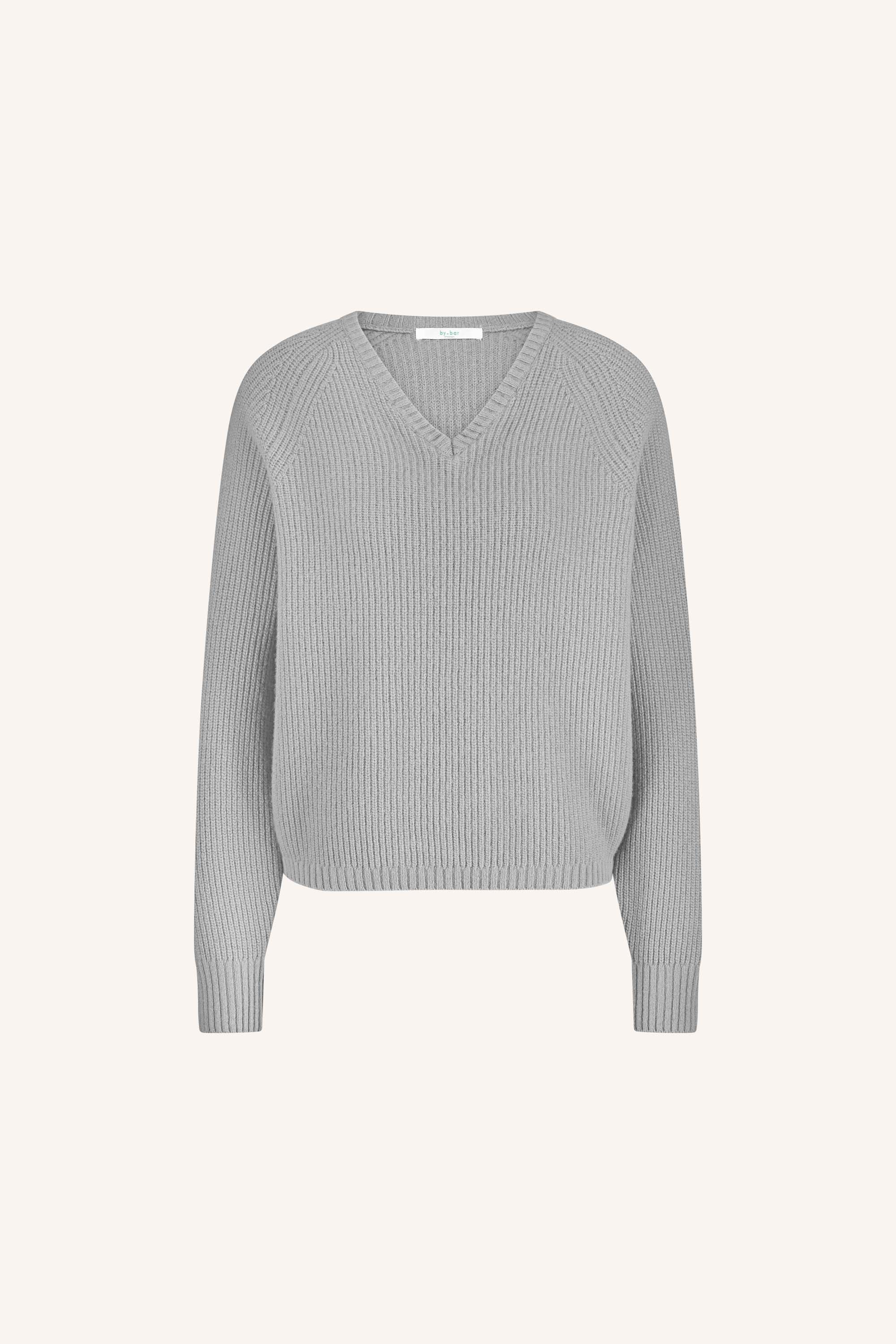 meadow v neck pullover - grey melee, gebreide patronen, must-have essential, raglan mouw - by-bar - achteraanzicht