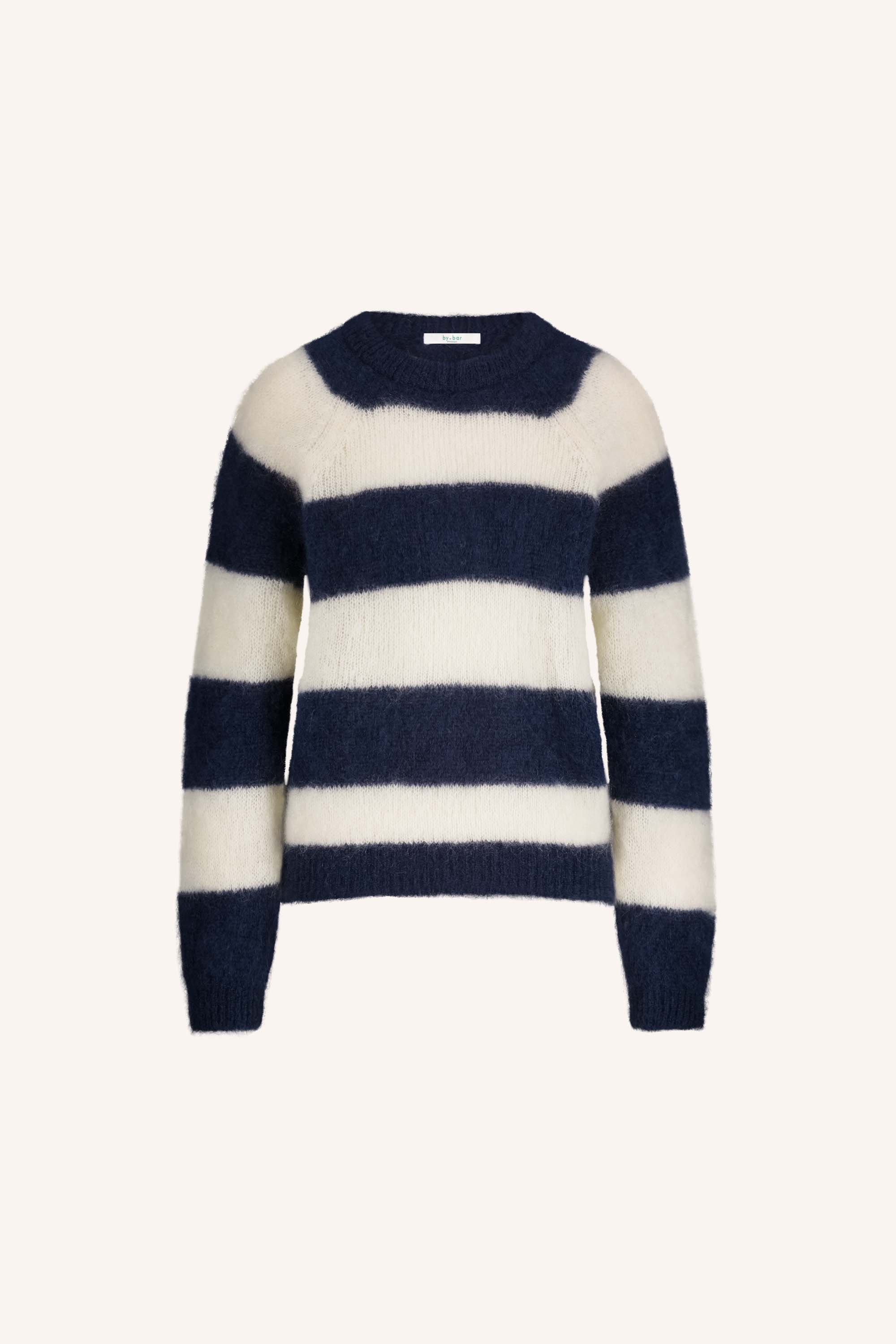 sian stripe pullover - midnight stripe, all-time classic, losvallende pasvorm, mix van mohair - by-bar - detailfoto