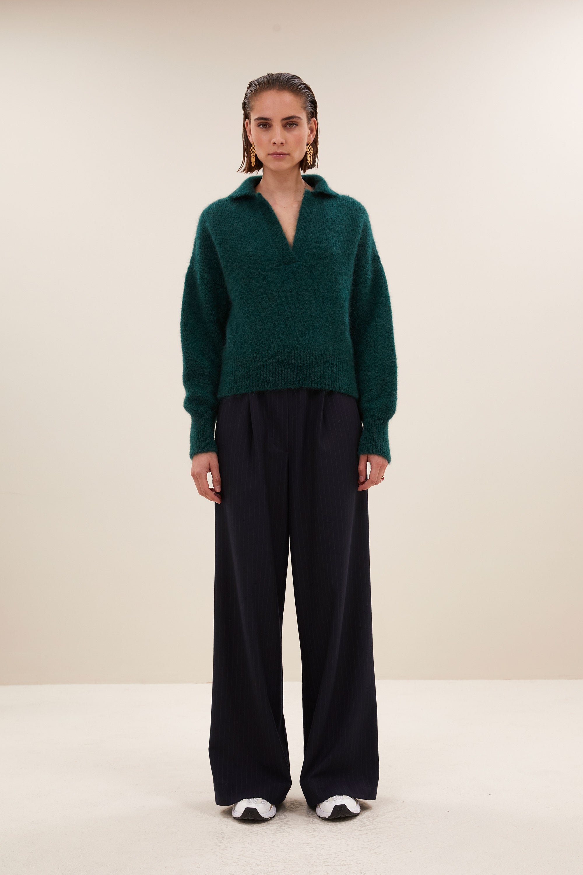 polo pullover - dark green, korte fit, mix van mohair, must-have essential - by-bar - vooraanzicht