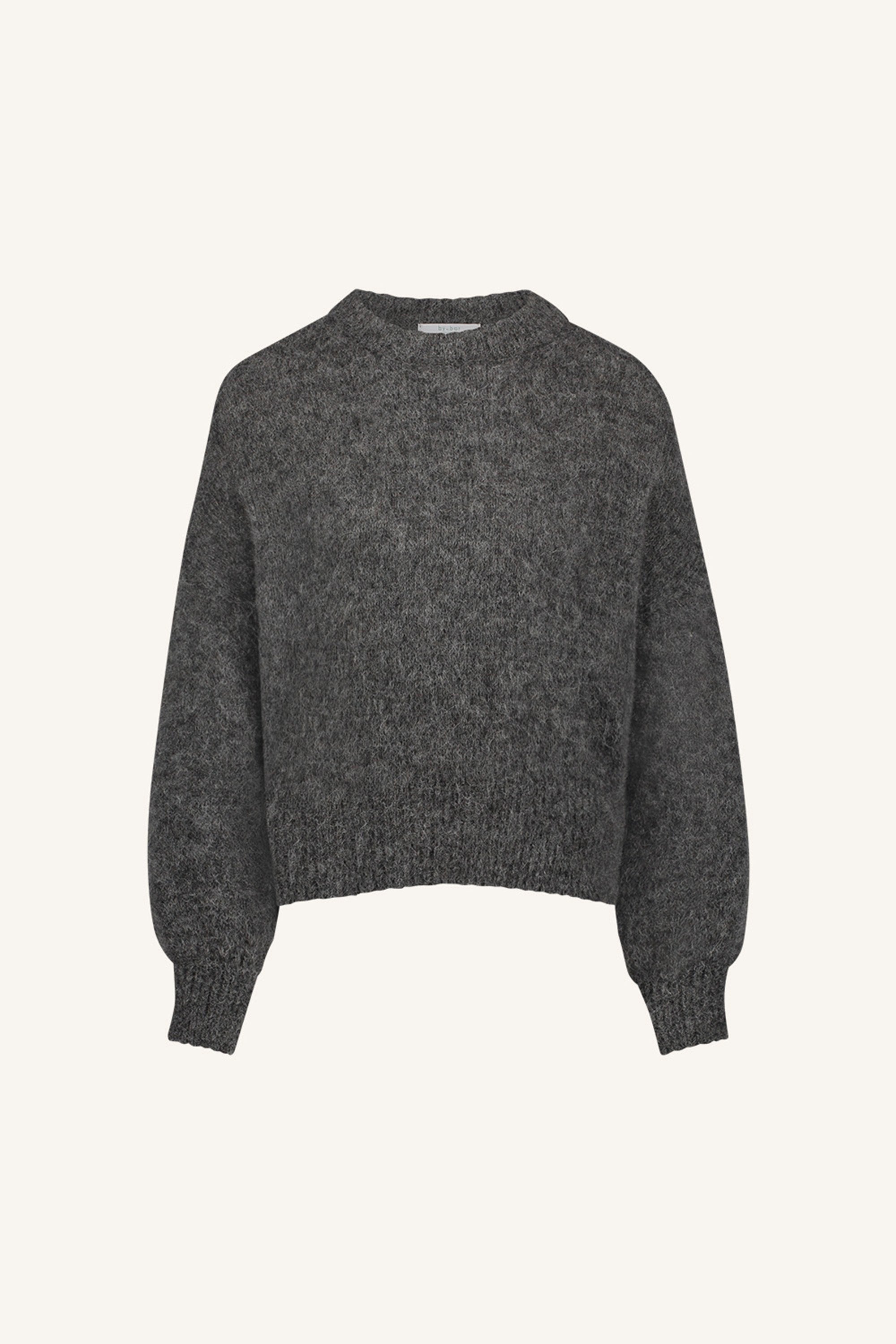 sonny natural pullover - dark grey melee, alpacamix kwaliteit, must-have essential, ribgebreide randen - by-bar - productfoto
