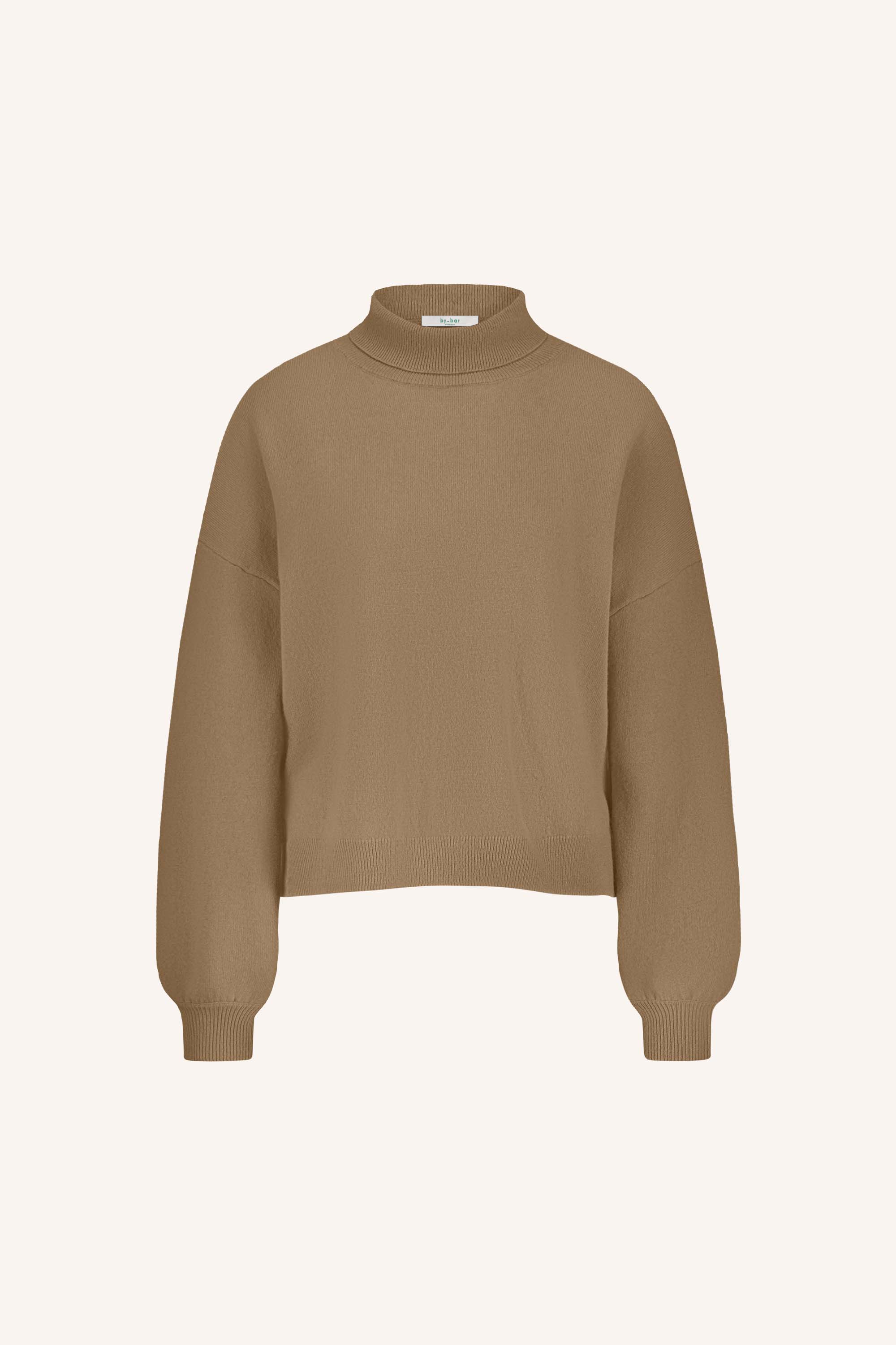 sammie pullover - camel, verlaagde schoudernaden, ribgebreide randen, split aan zijkanten - by-bar - detailfoto