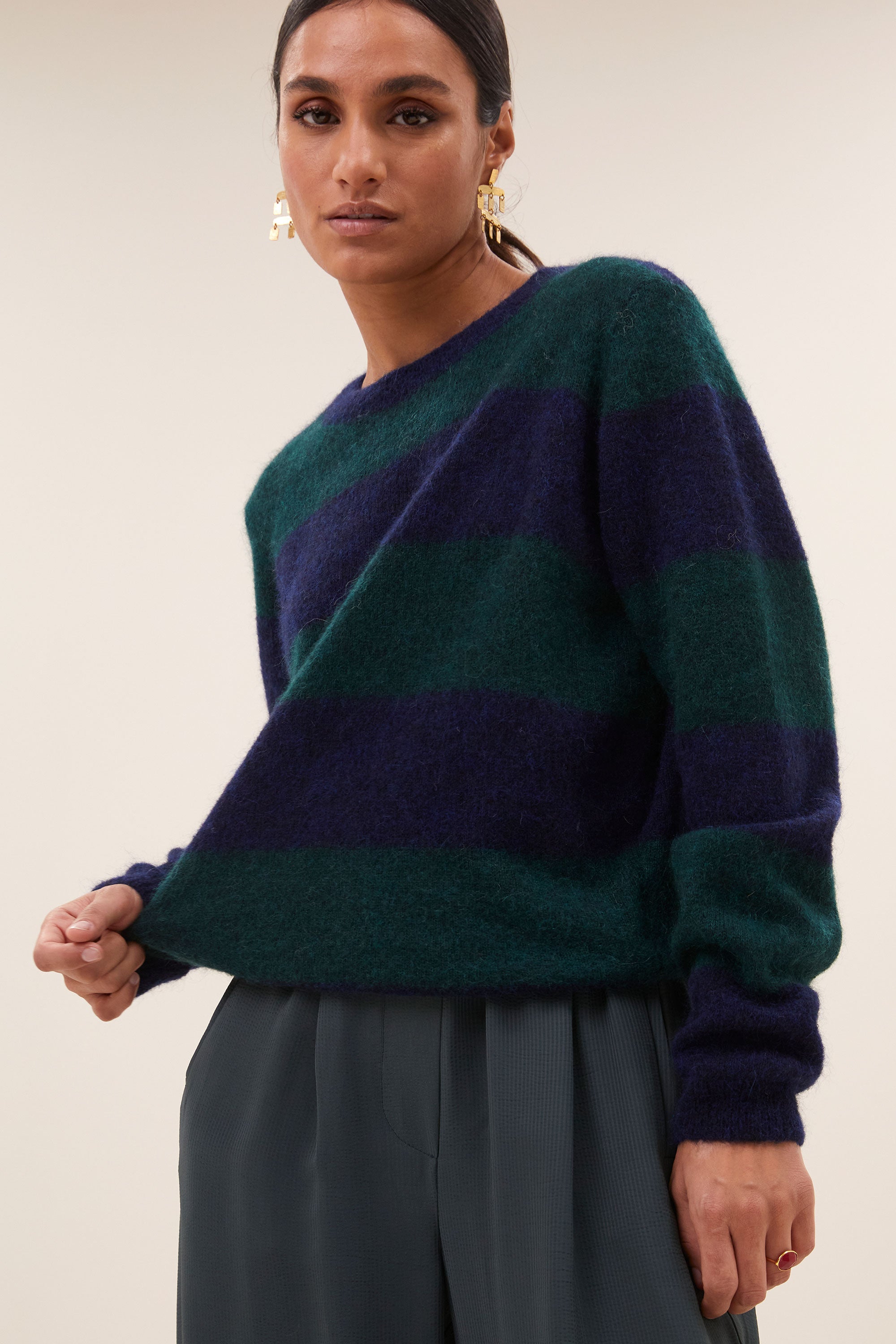 gwen big stripe pullover | green tartan check