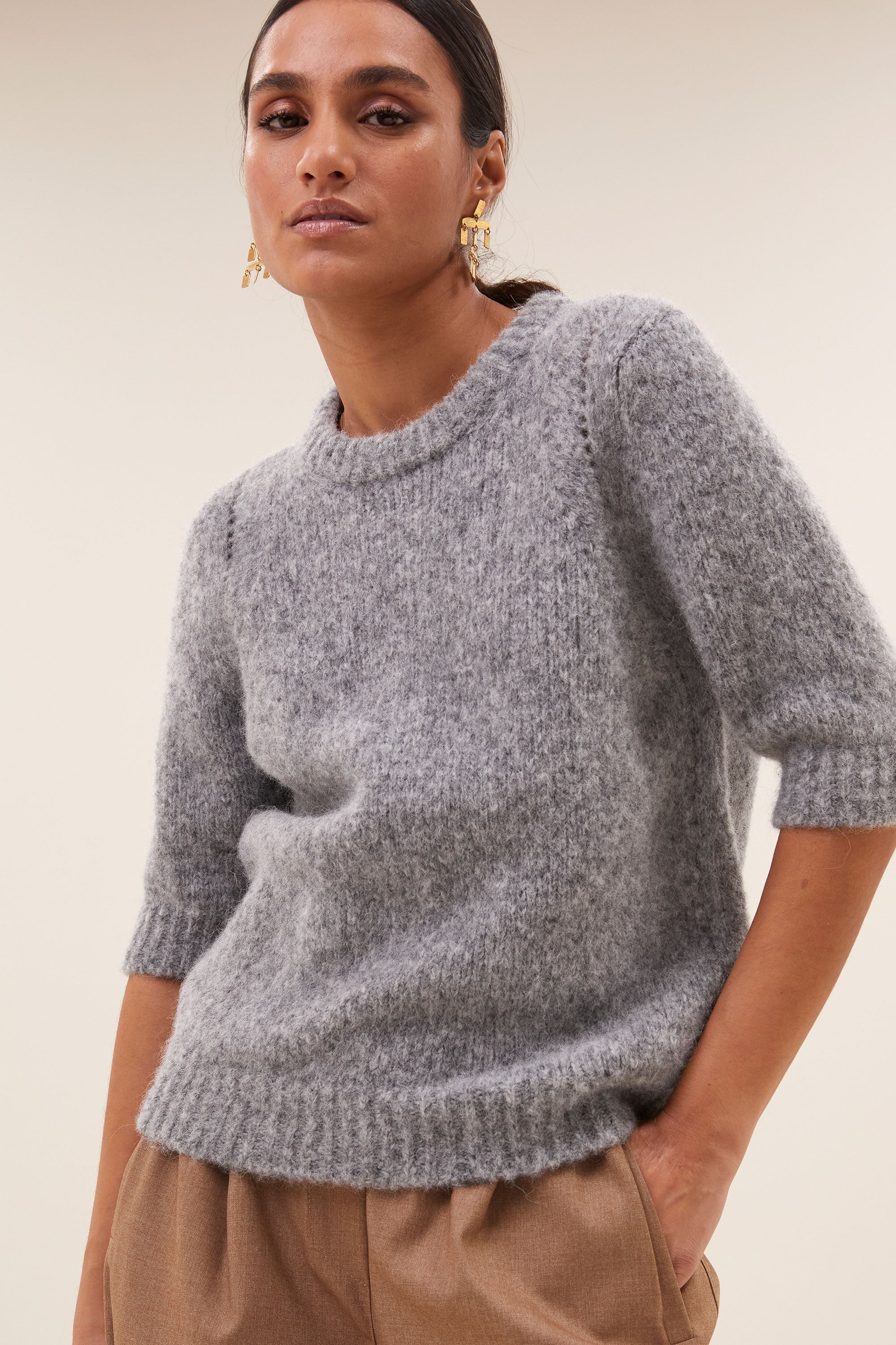 lova bulky pullover - grey melee, all-time classic, aansluitende fit, wolblend - by-bar - vooraanzicht