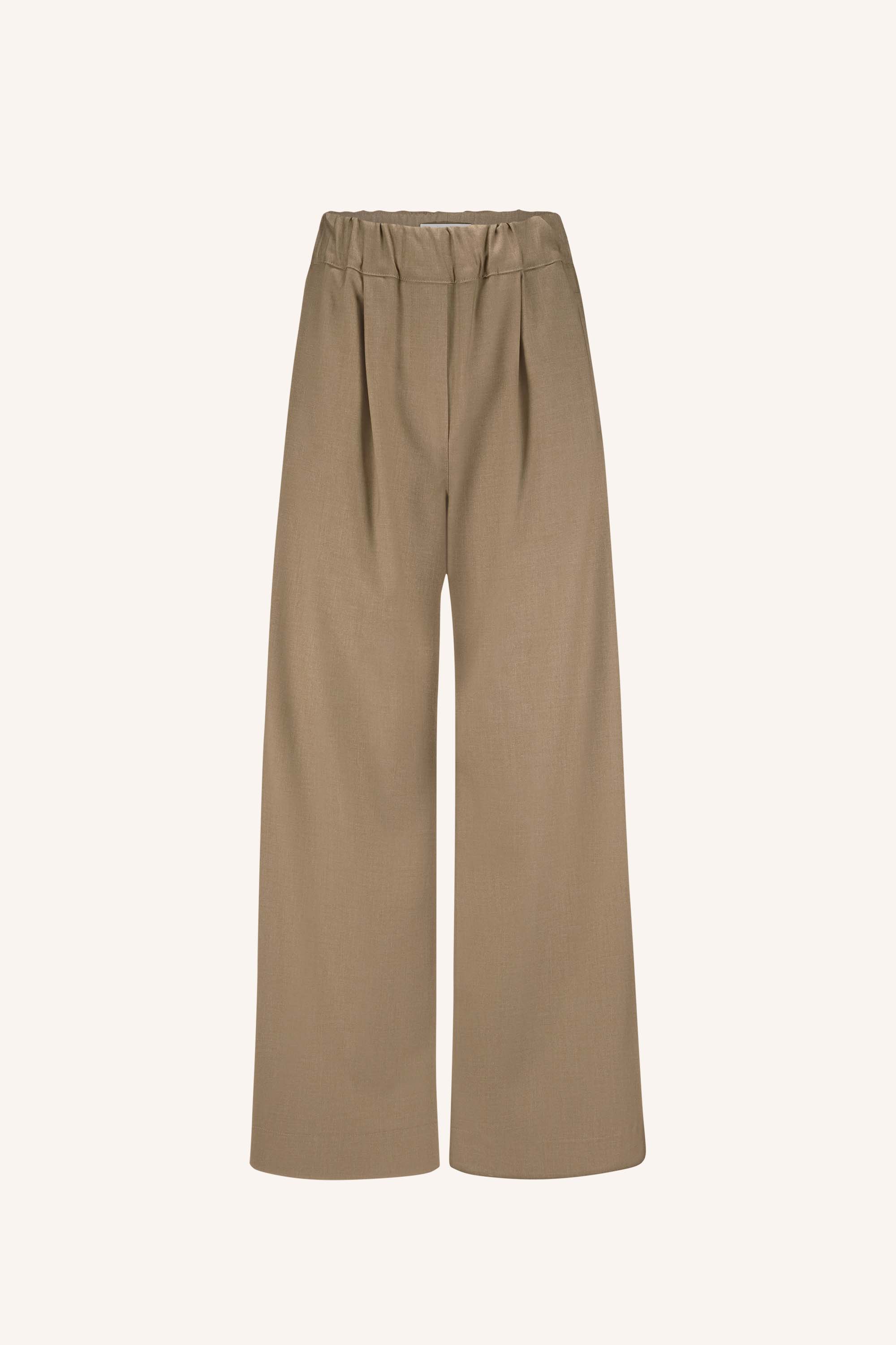 benji melange pants - camel melee, elastieken band, losvallende pasvorm, geplooide details - by-bar - achteraanzicht
