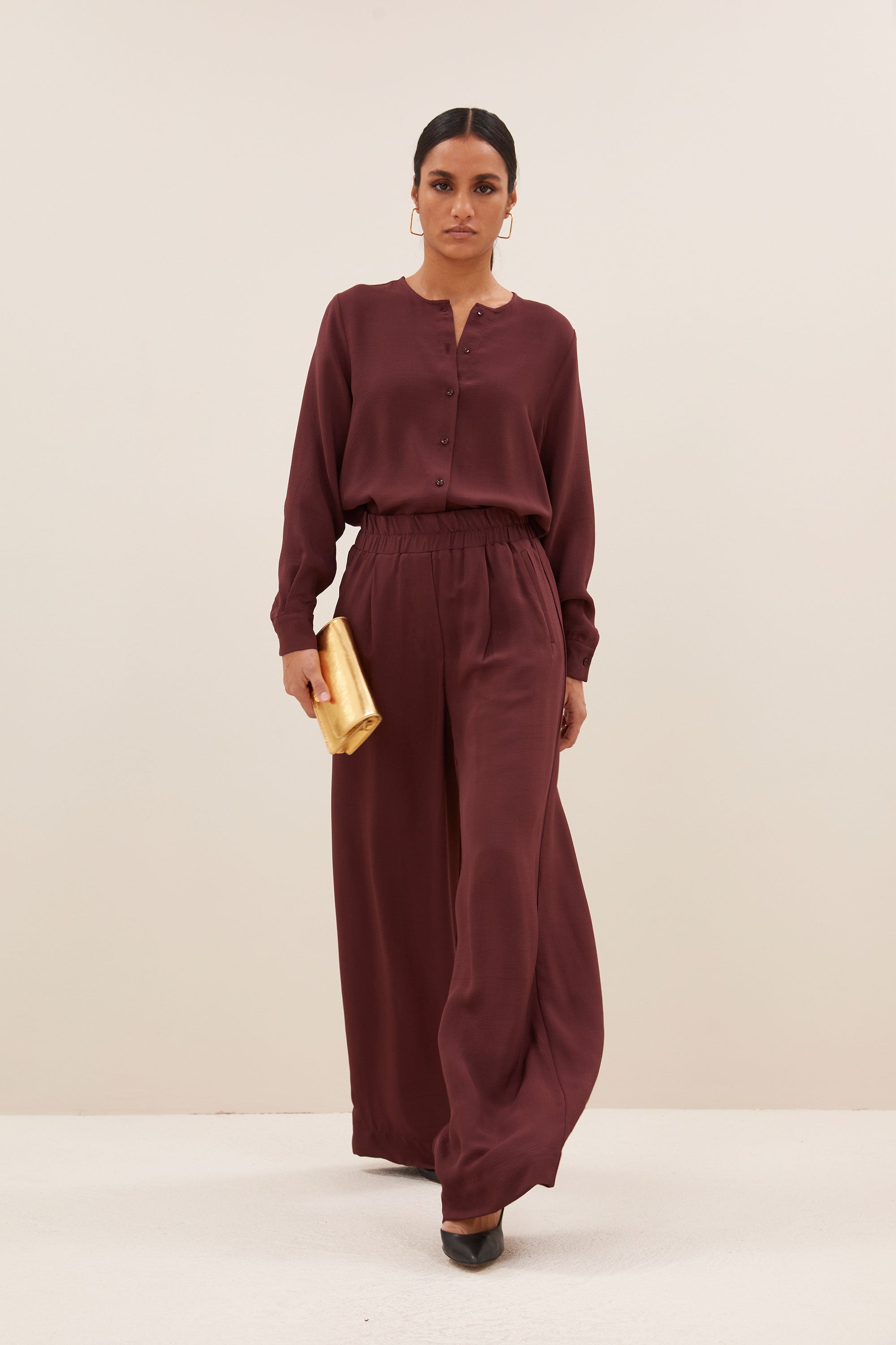 benji satin stripe pants | pecan