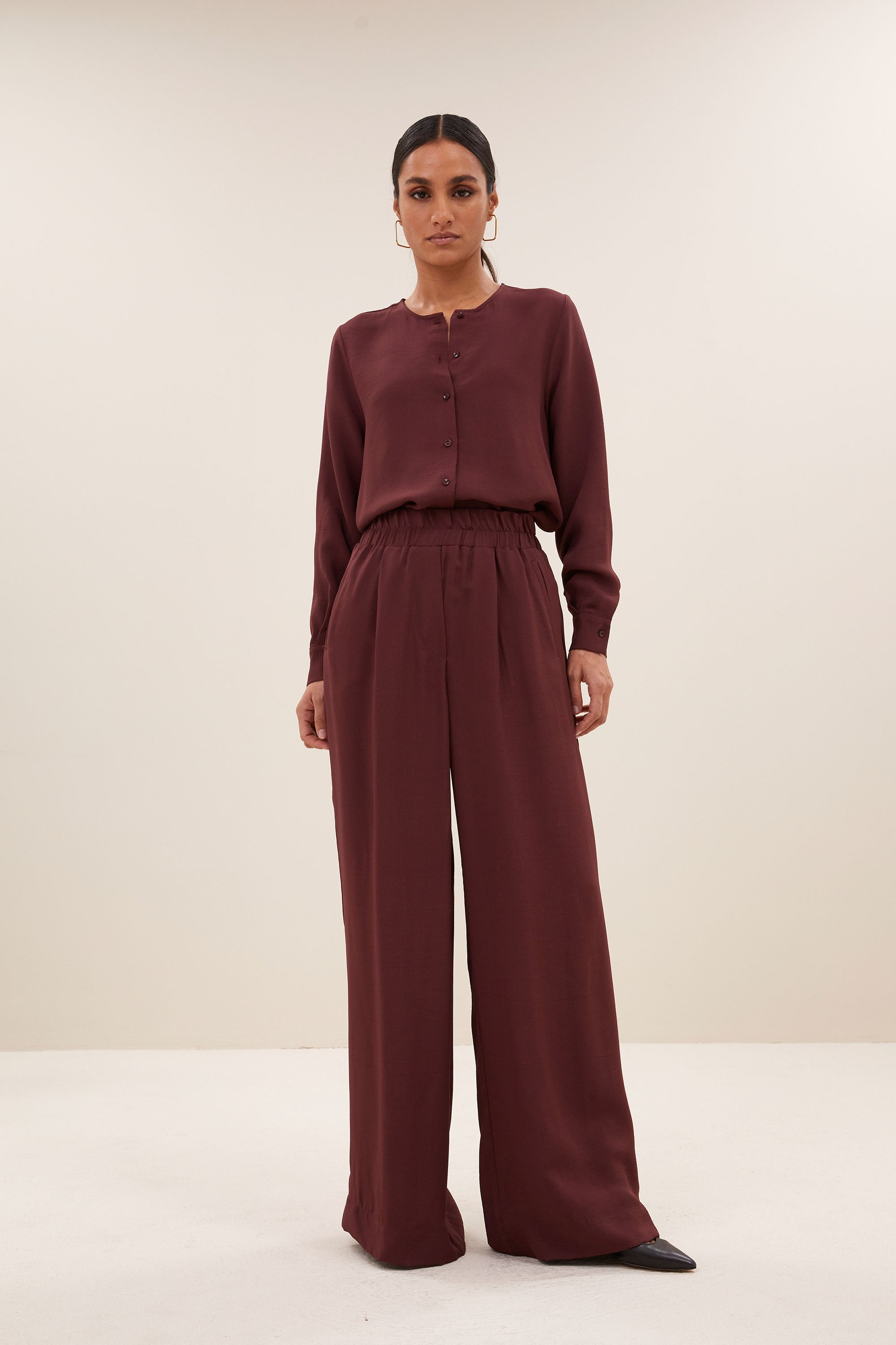 benji satin stripe pants | pecan