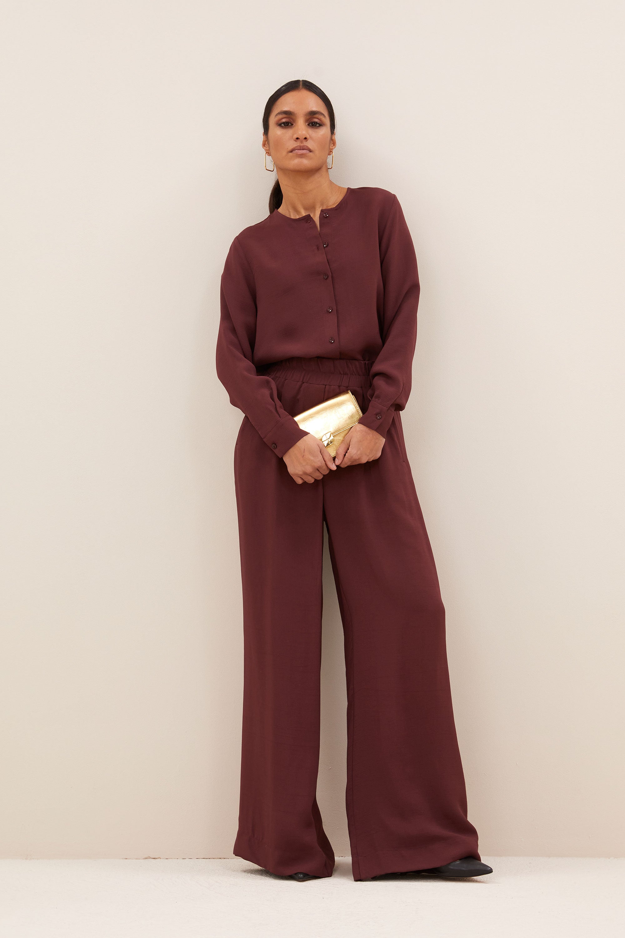 benji satin stripe pants | pecan