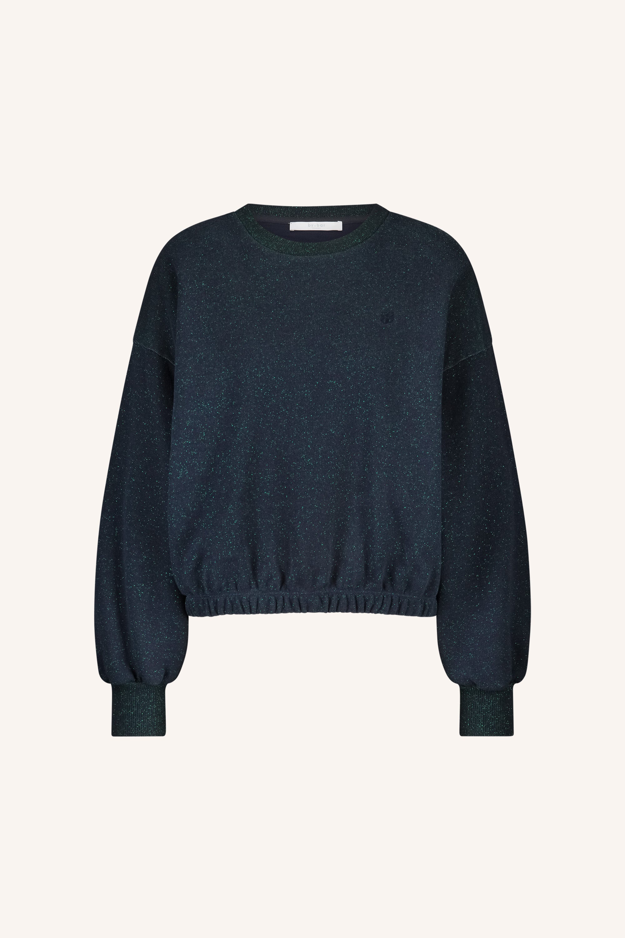 bodil sparkle sweater - midnight, verlaagde schoudernaden, elastieke band, losvallende pasvorm - by-bar - achteraanzicht