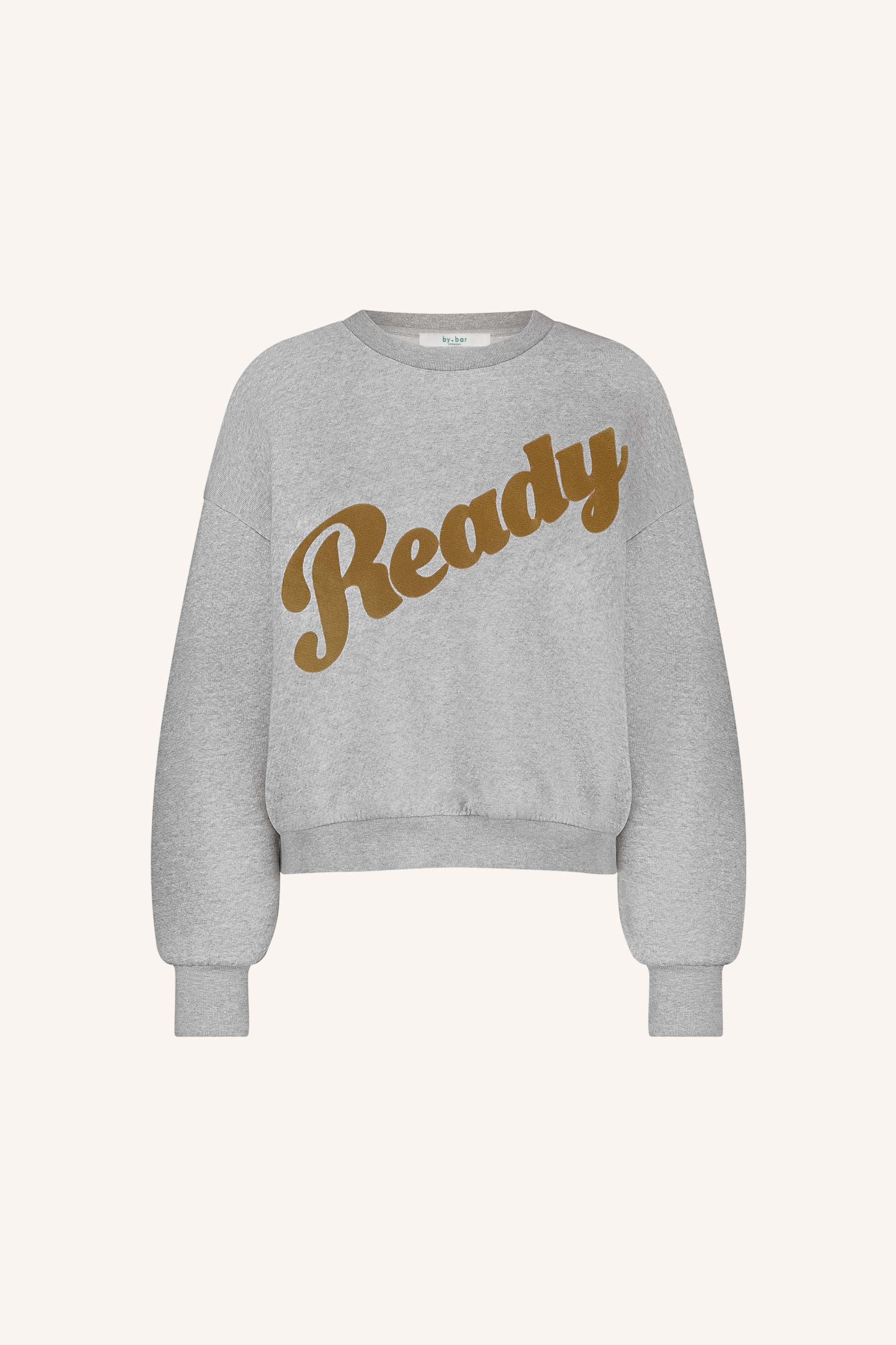bibi ready sweater - grey melee, katoen kwaliteit, verlaagde schoudernaden, statement print - by-bar - productfoto