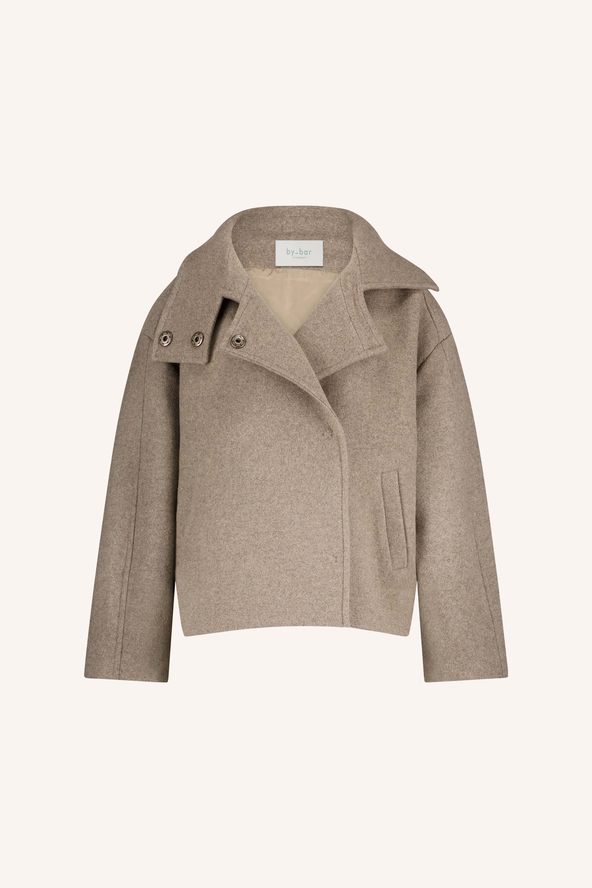 rika coat - dark sand, dubbele borstsluiting, opstaande kraag, wolblend - by-bar - extra