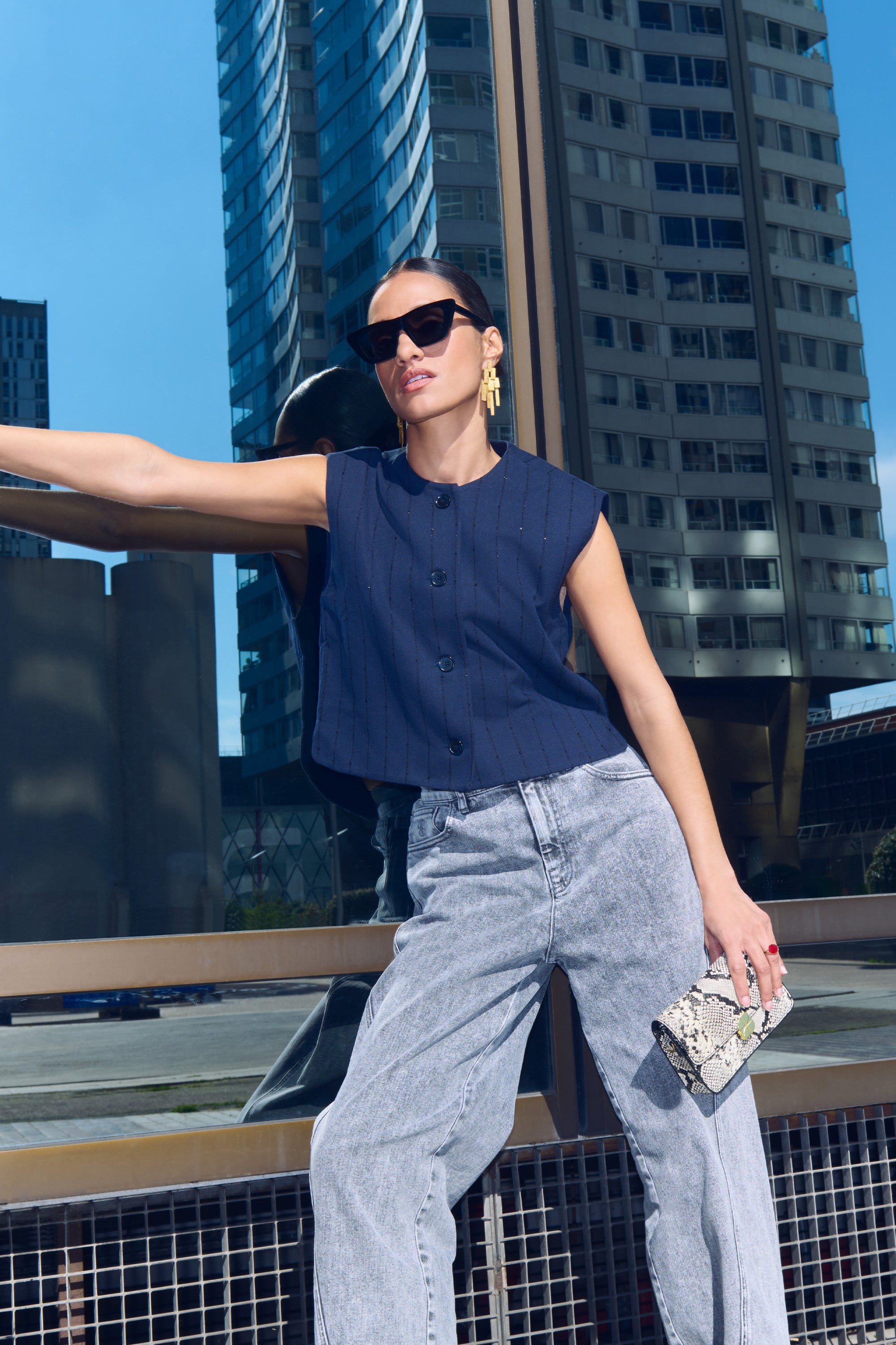 nori sparkle gilet | navy lurex stripe