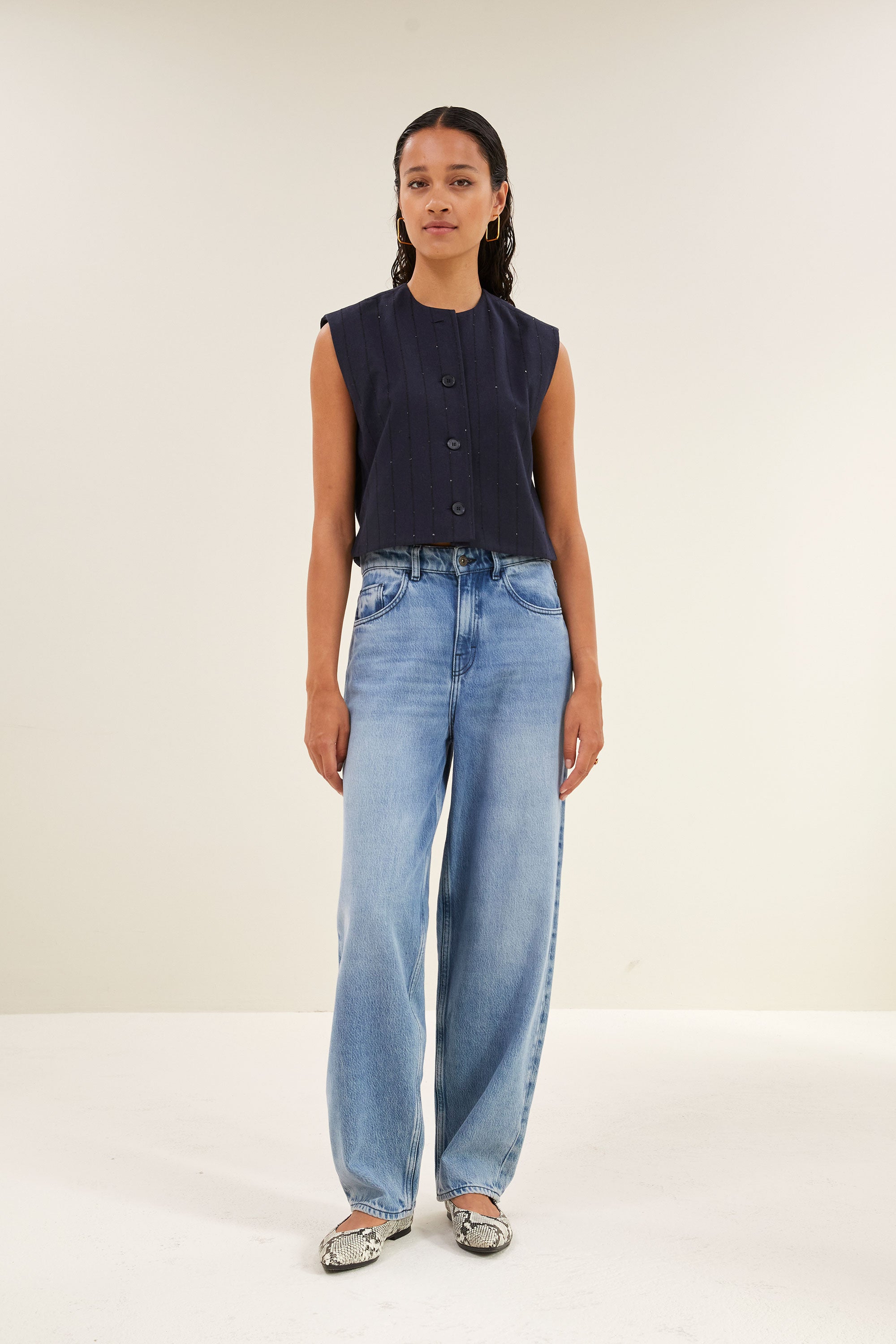 nori sparkle gilet | navy lurex stripe