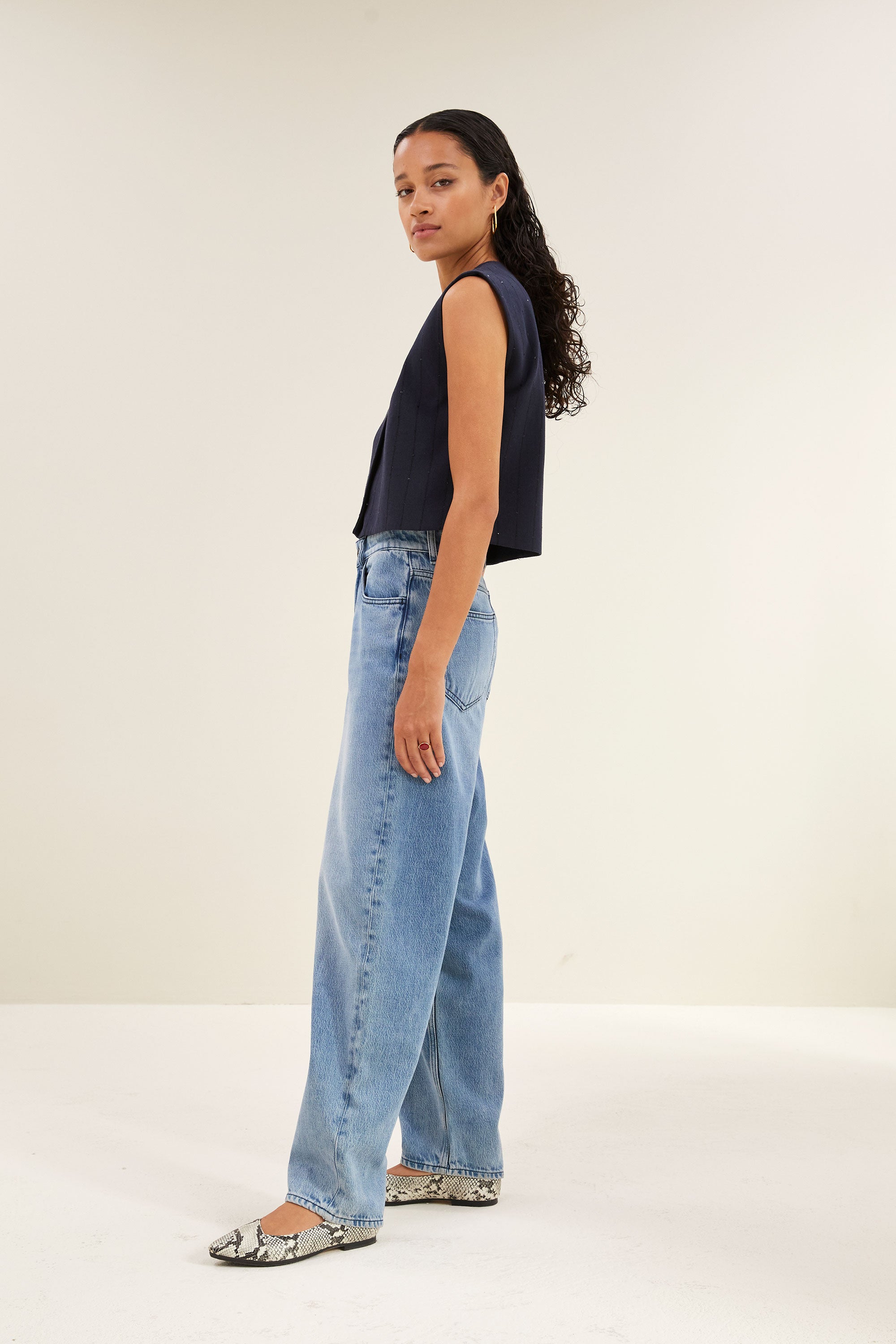 nori sparkle gilet | navy lurex stripe