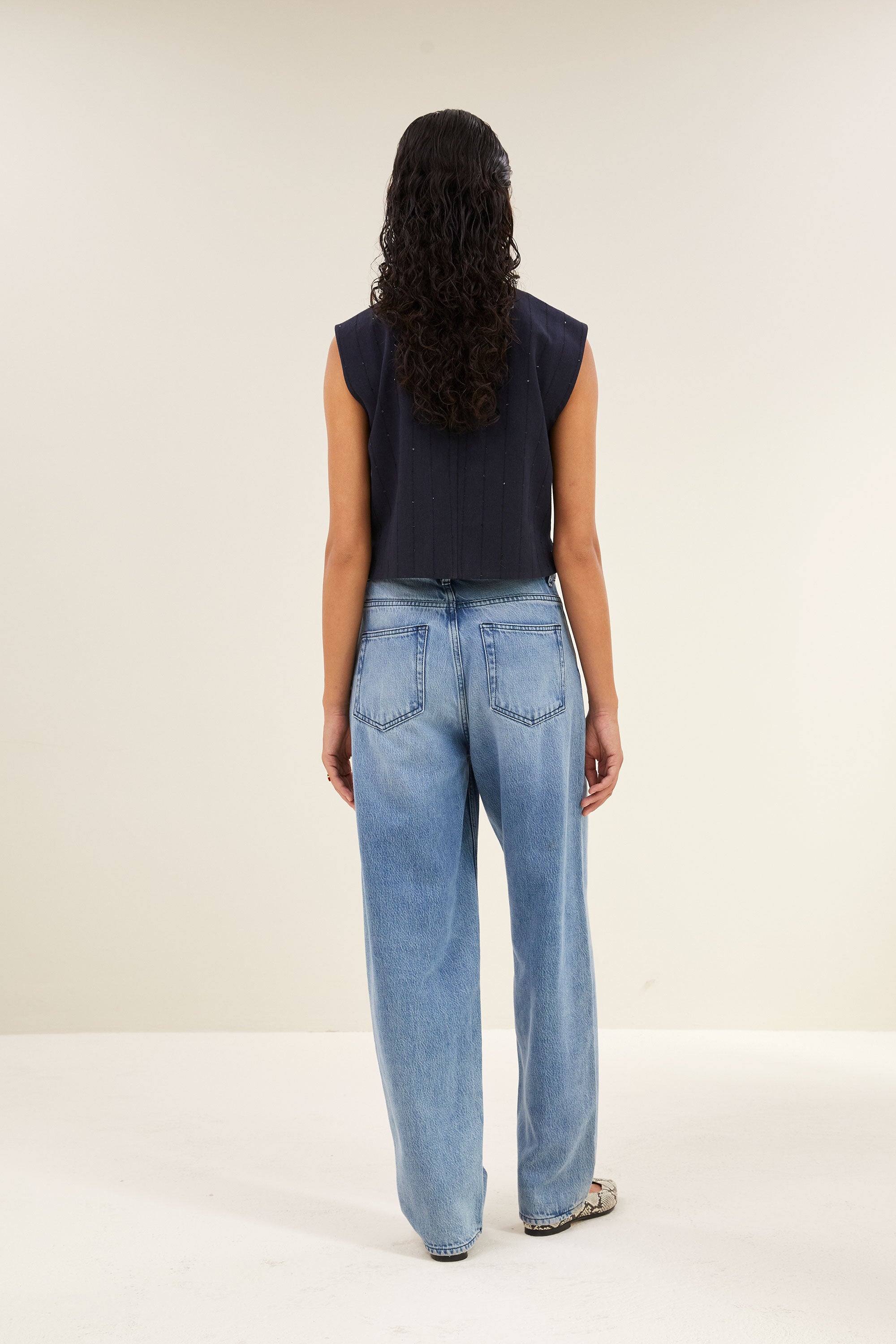 nori sparkle gilet | navy lurex stripe