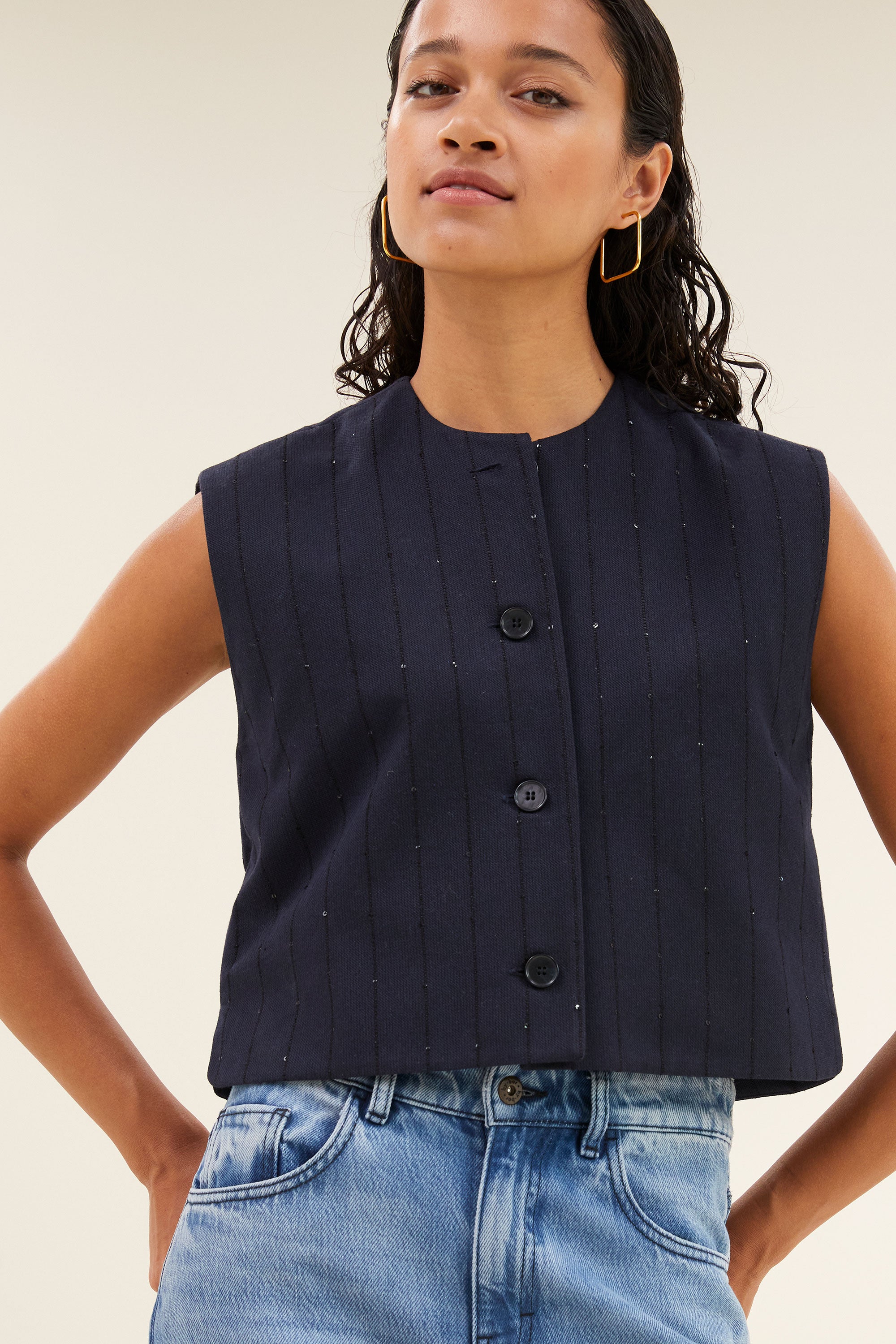 nori sparkle gilet | navy lurex stripe