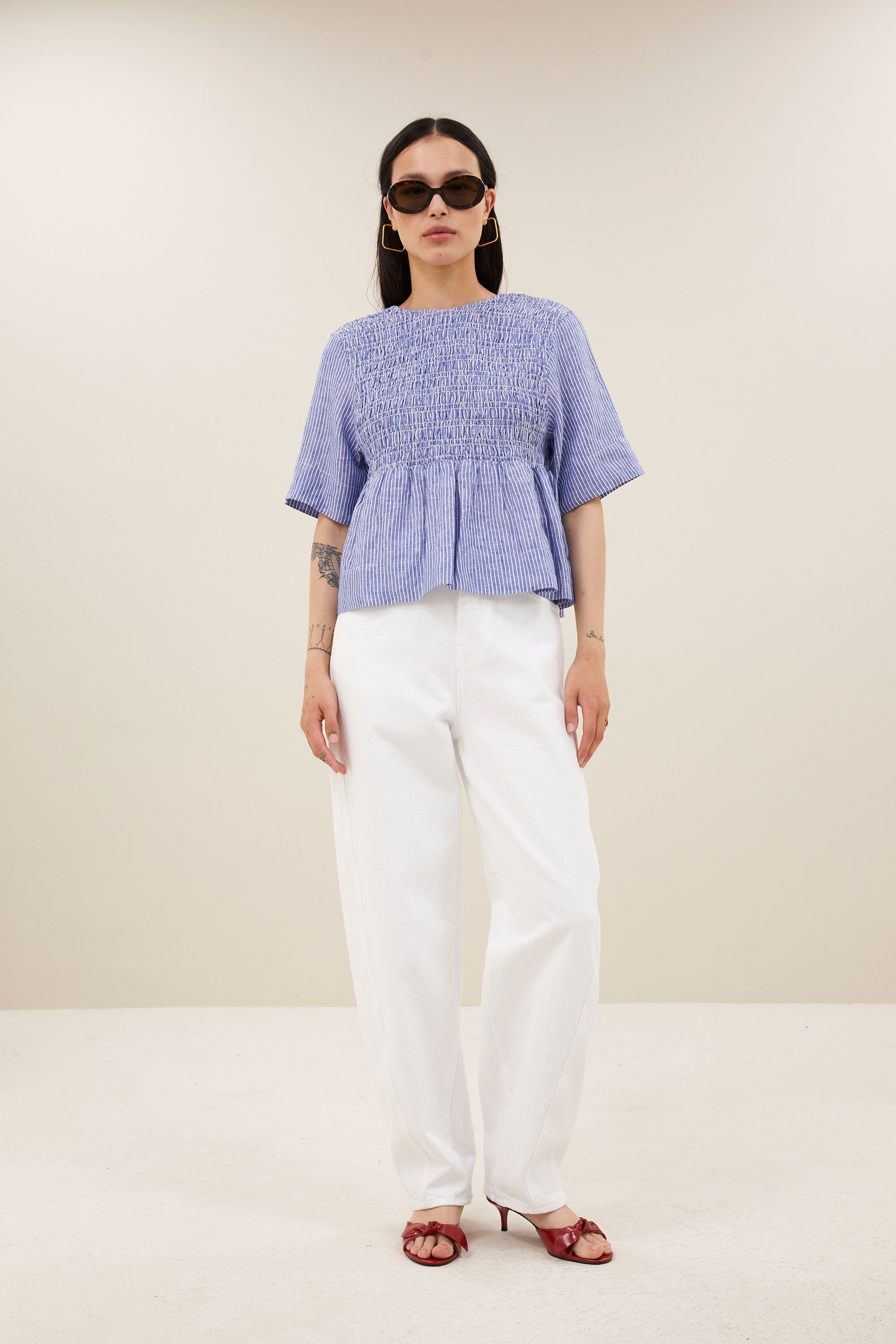 runa linen stripe top | blue stripe