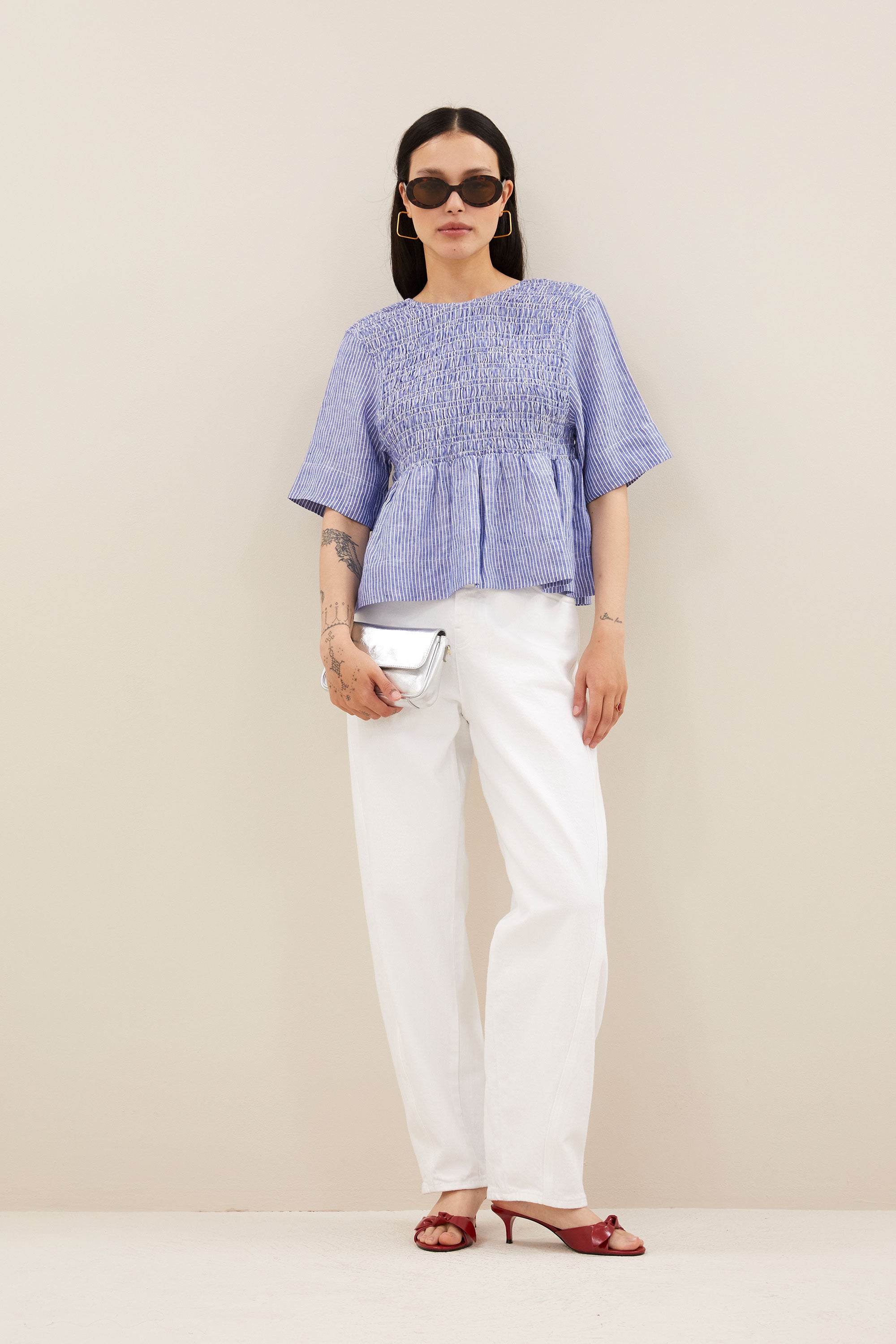 runa linen stripe top | blue stripe