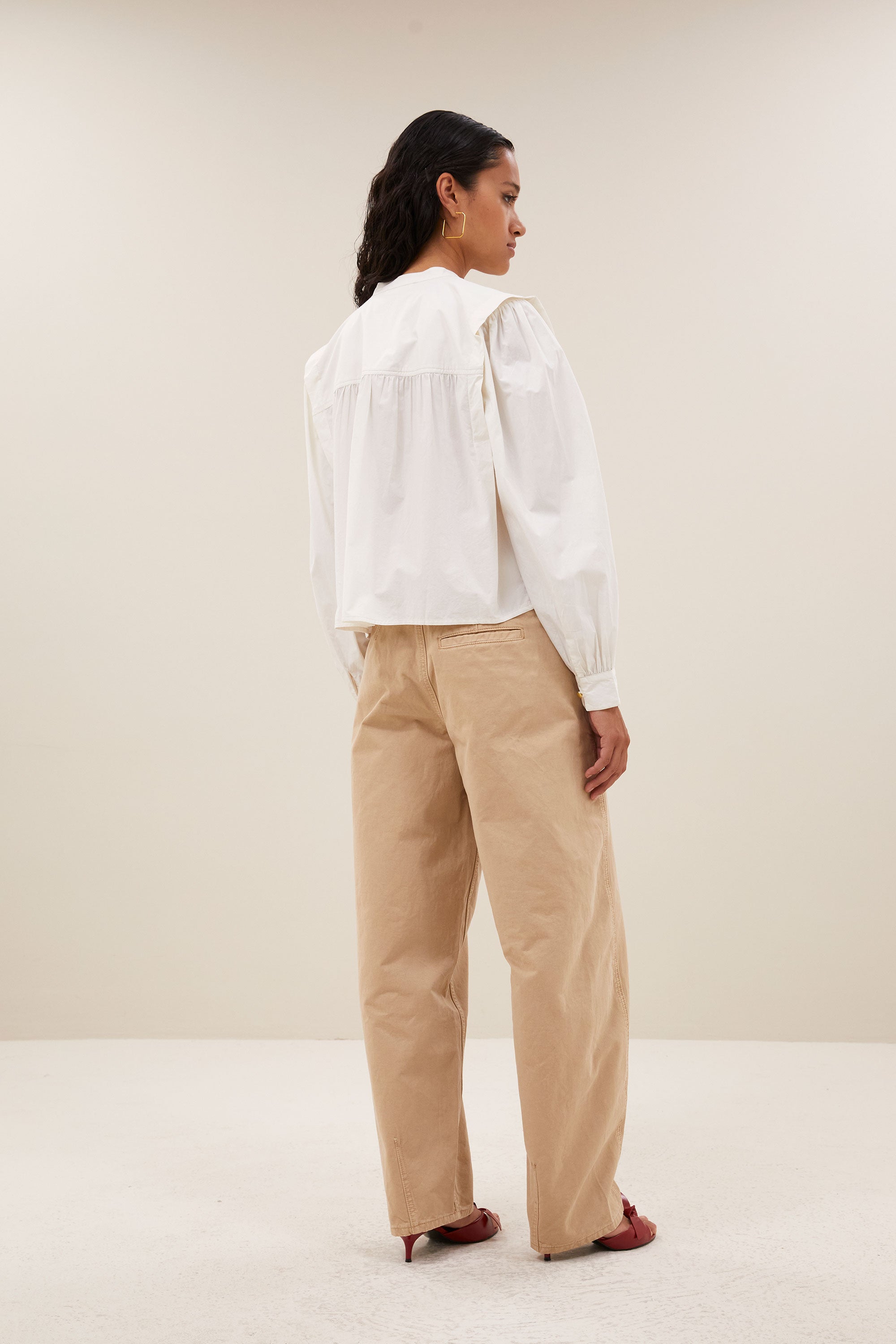 soof embroidery blouse - cloud white, short fit, button closure, pleated details - by-bar - back view