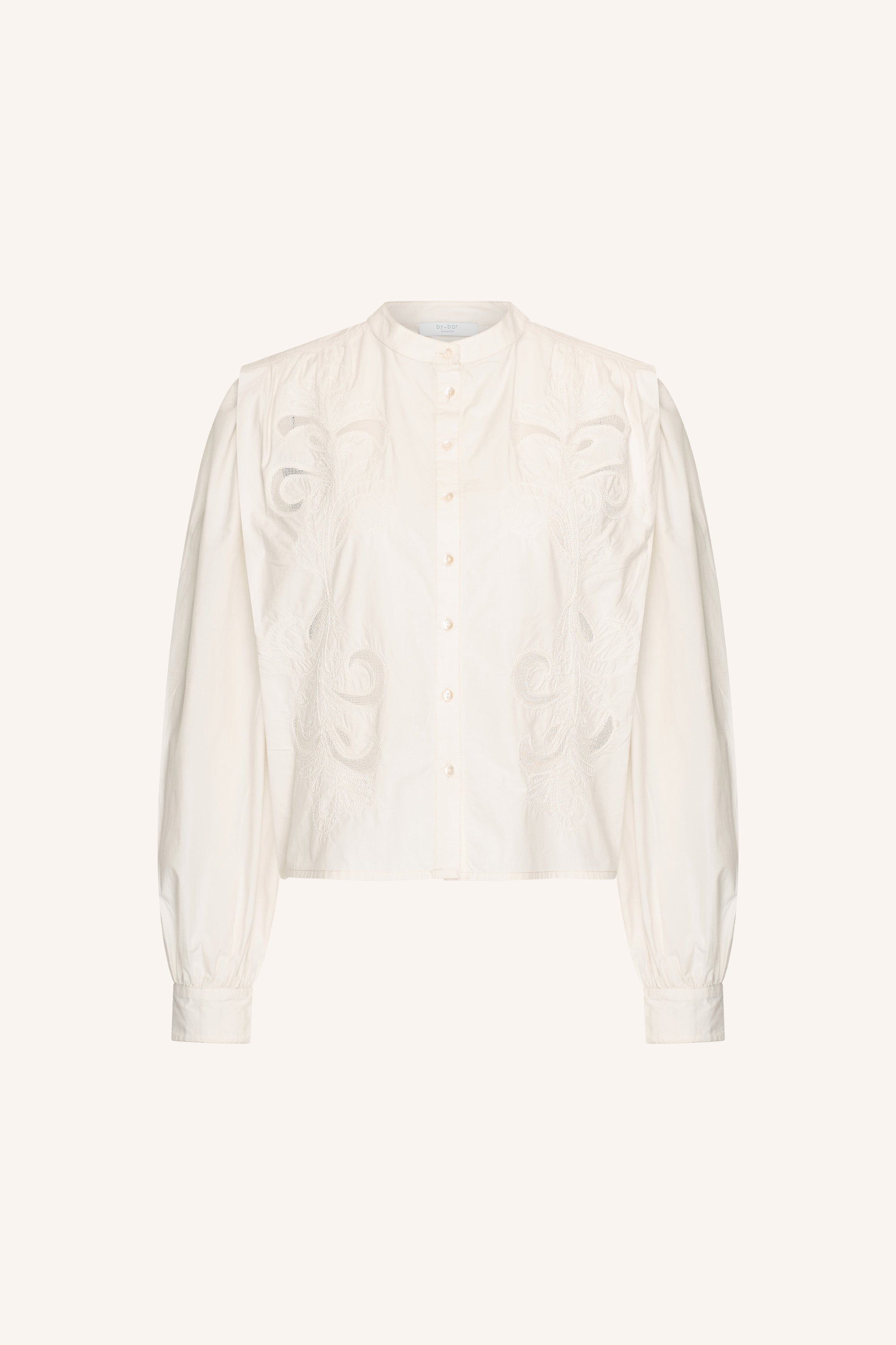 soof embroidery blouse - cloud white, short fit, button closure, pleated details - by-bar - product photo