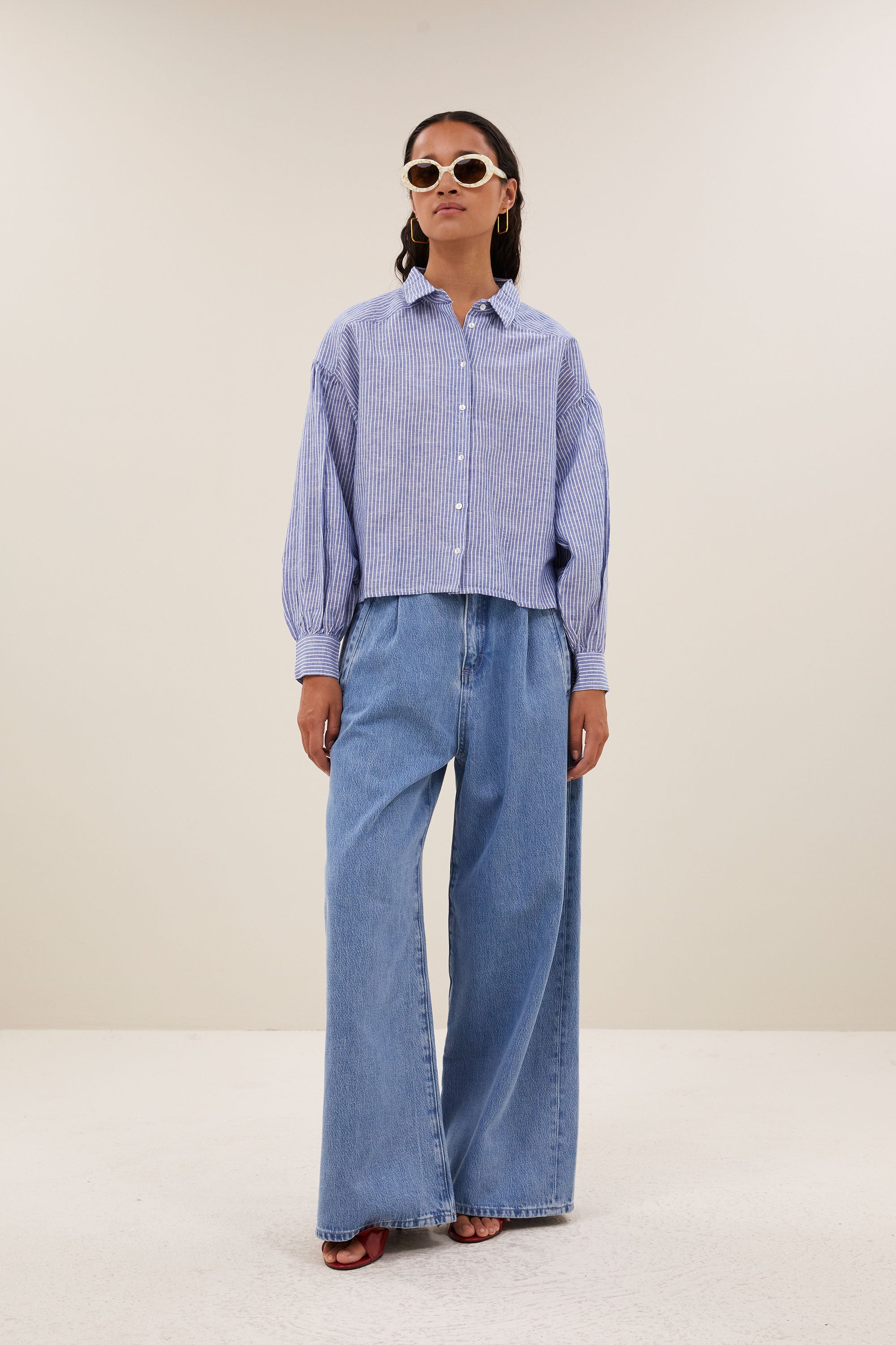 sarah short linen blouse | blue stripe