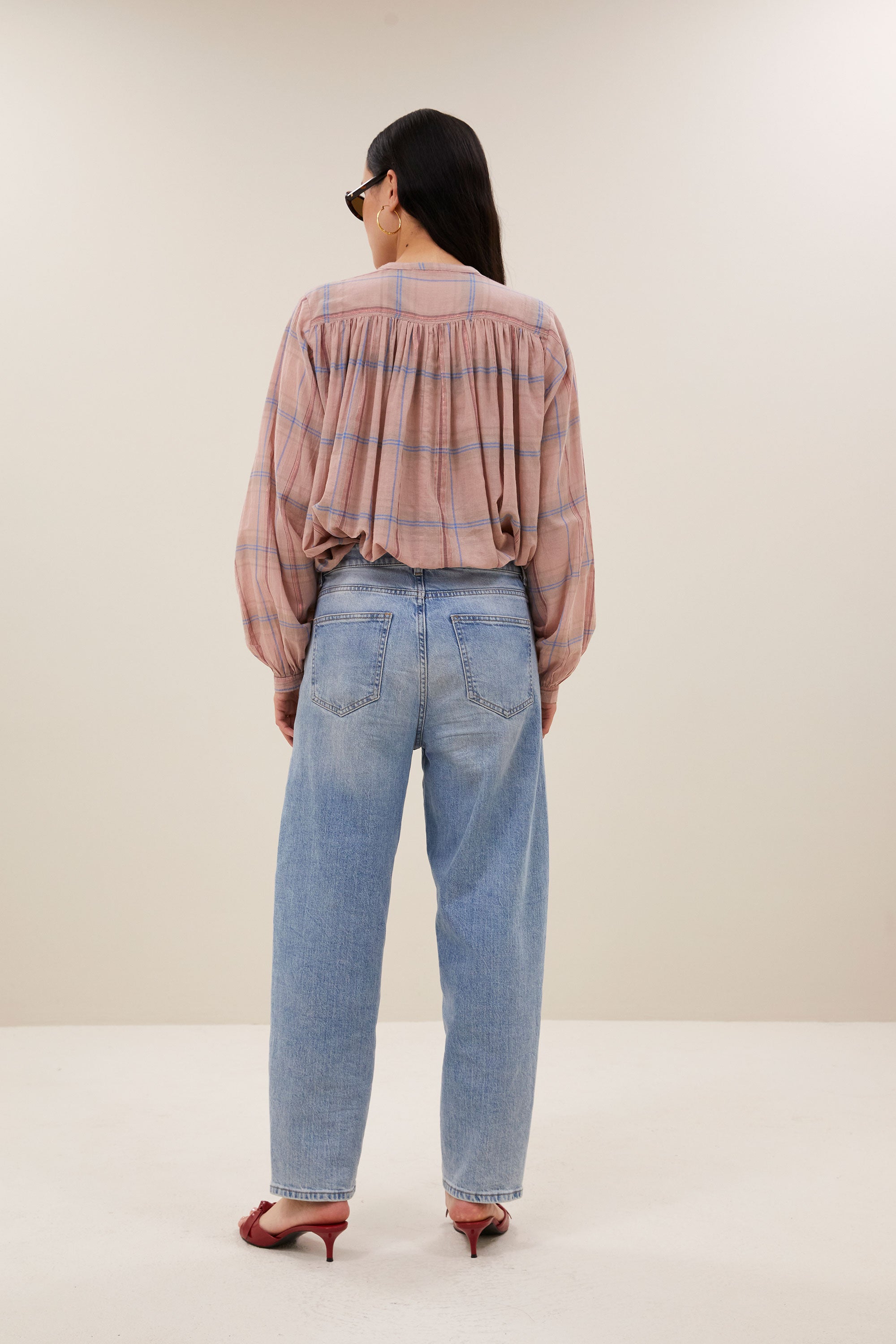 nyka pink check blouse | blush pink check