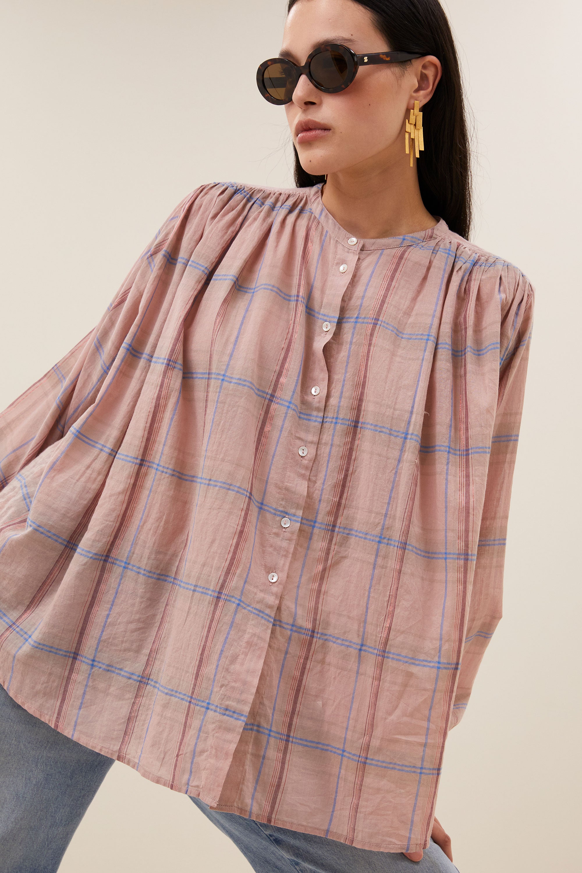 nyka pink check blouse | blush pink check