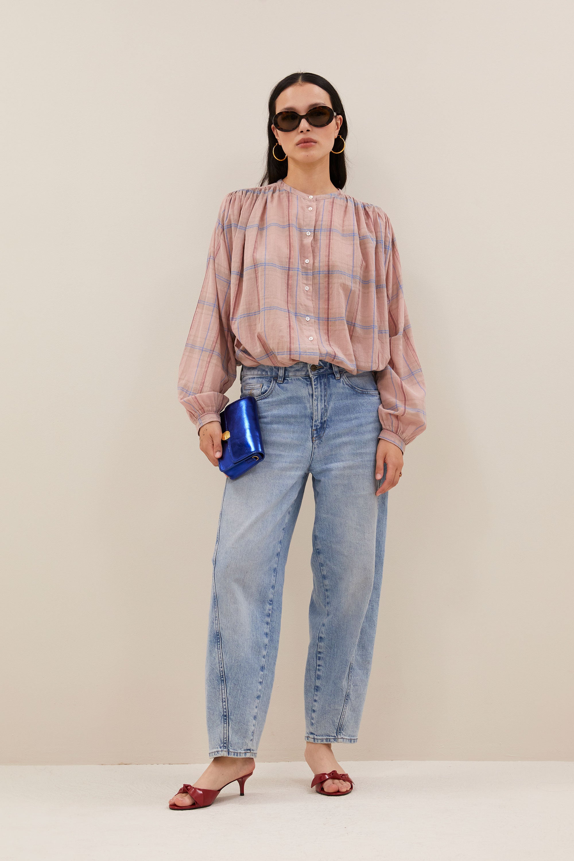 nyka pink check blouse | blush pink check