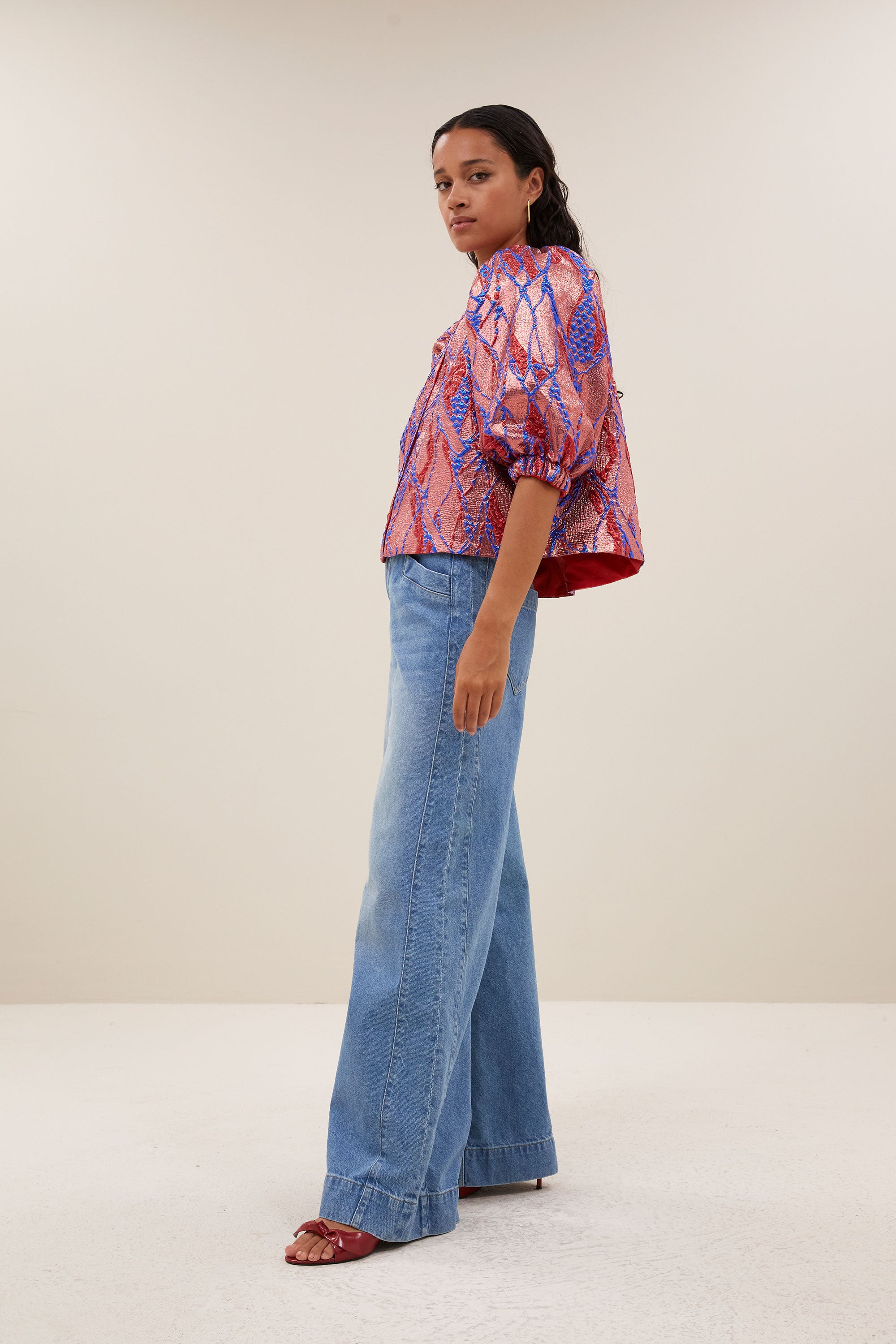 mauri jacquard blouse - coral, short fit, hidden hook-and-eye closure, puffed sleeves - by-bar - side view